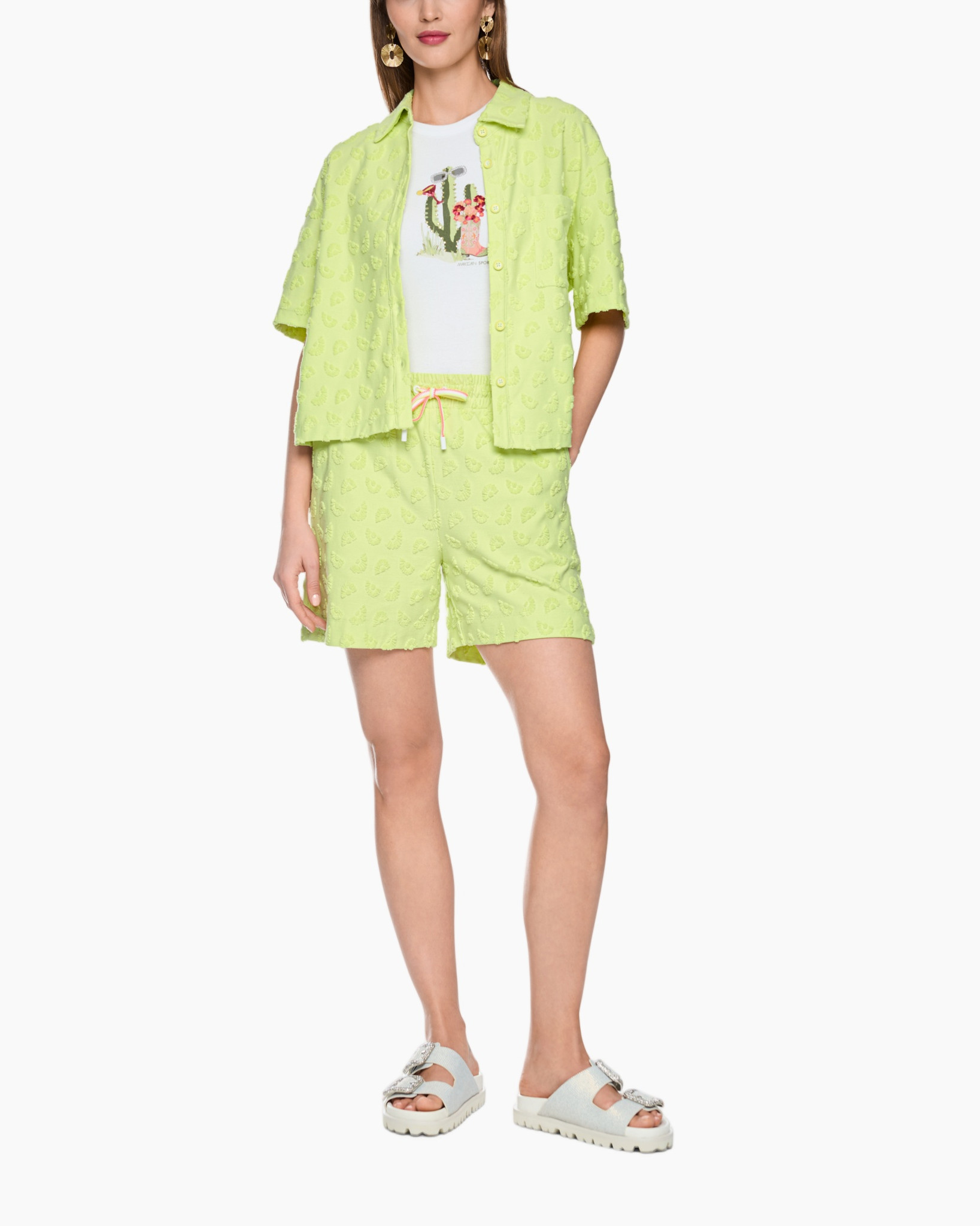 shorts, shirt, cardigan, green, embossed pattern