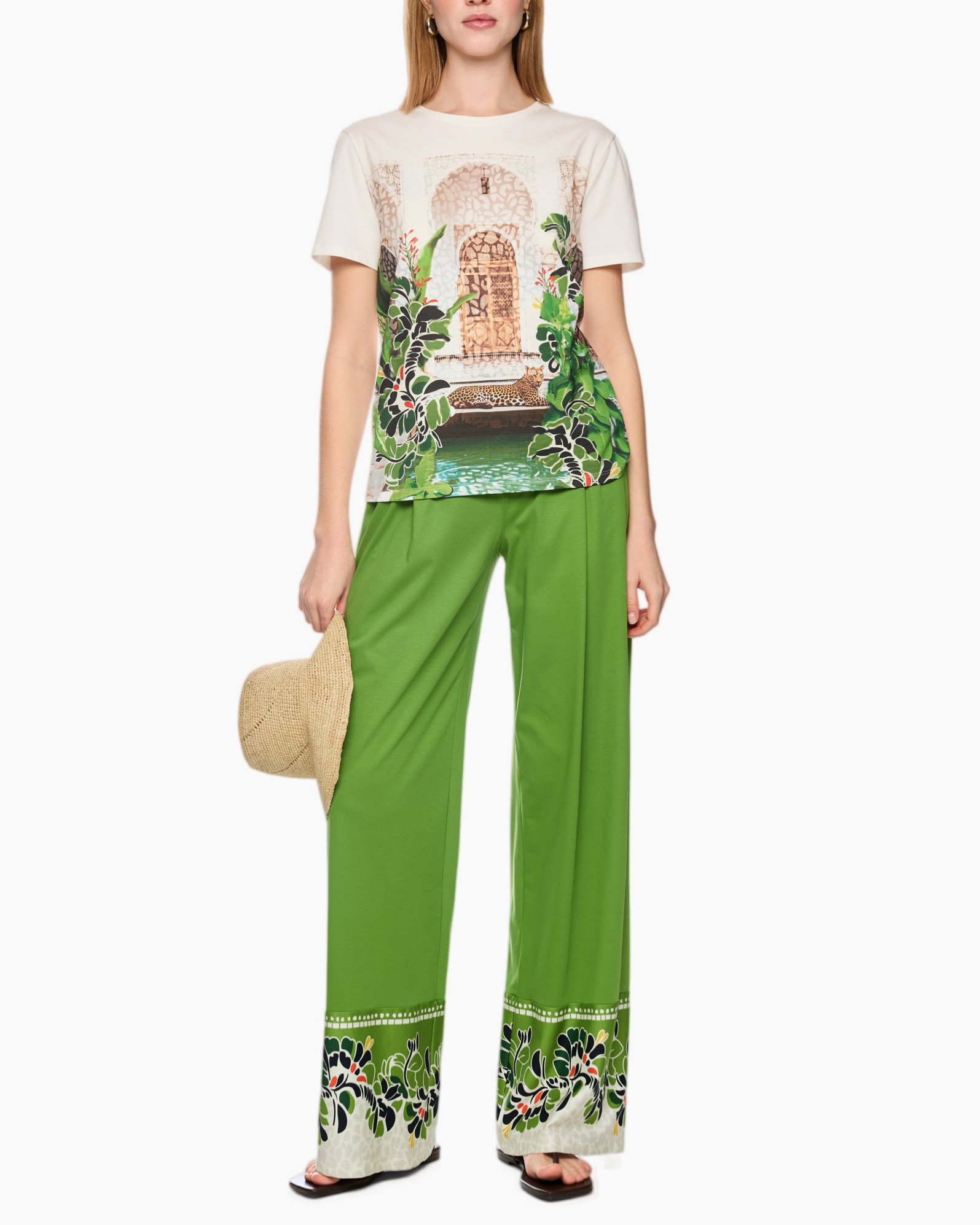 t-shirt, print, palm, green pants, wide-leg