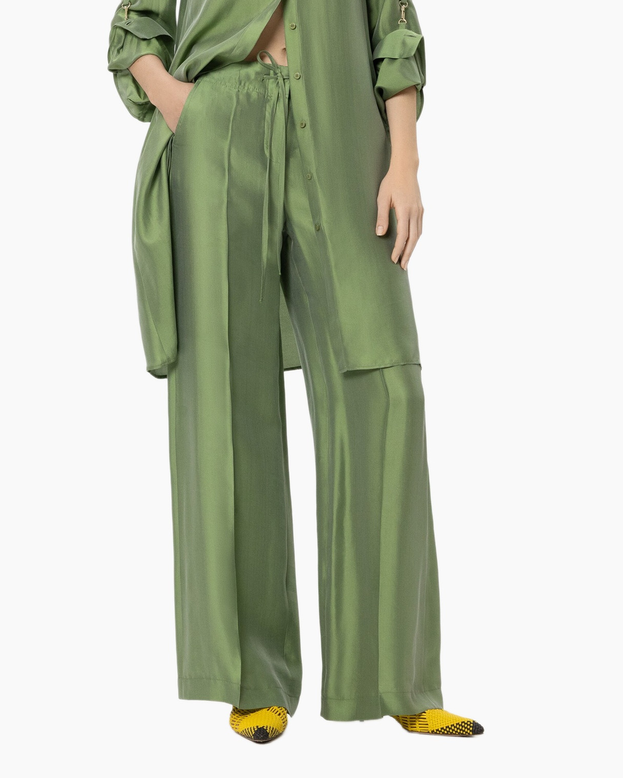 green, pants, wide-leg, silk, drawstring