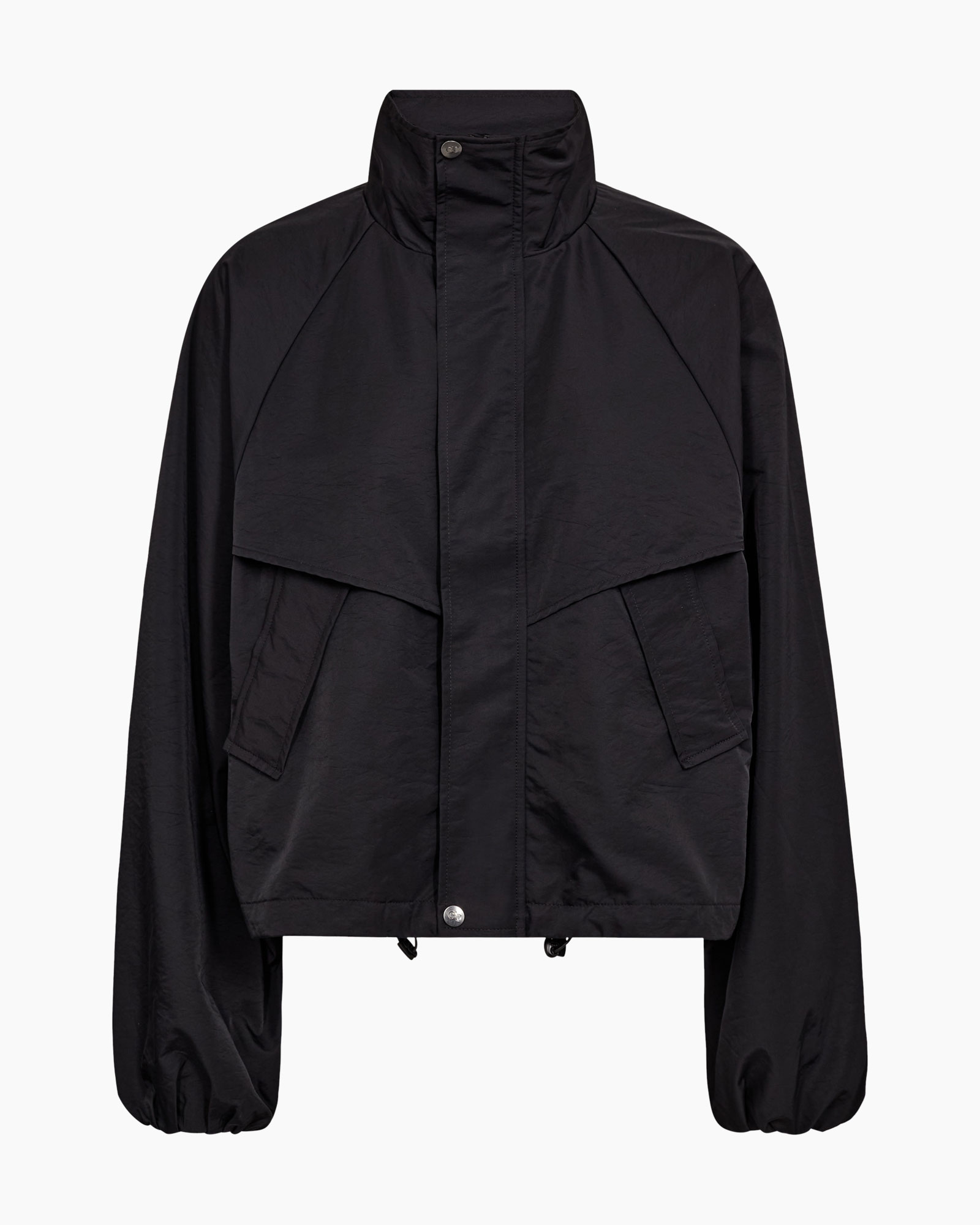 jacket, windbreaker, black, hooded?, drawstring