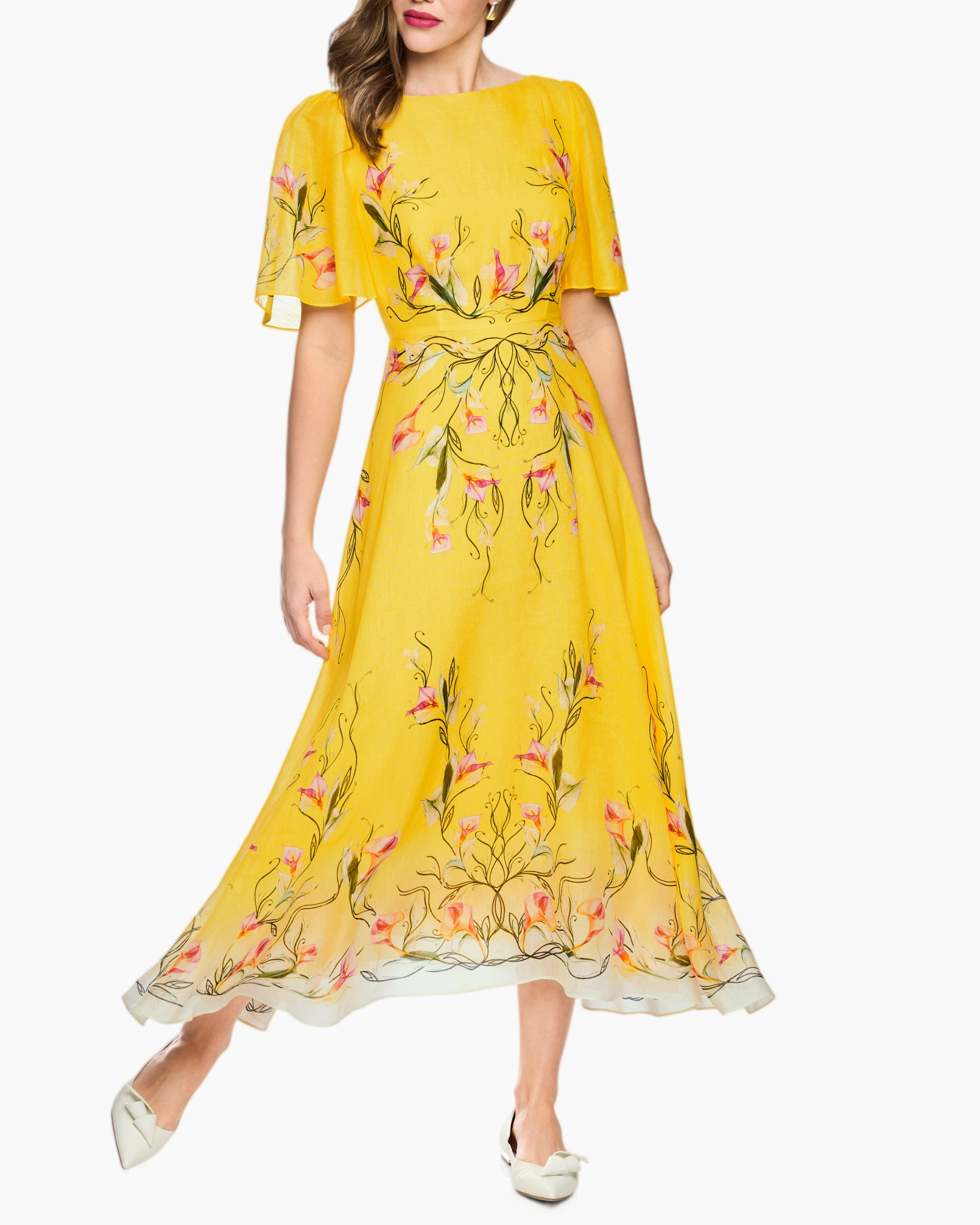 dress, yellow, floral, midaxi, embellished edges