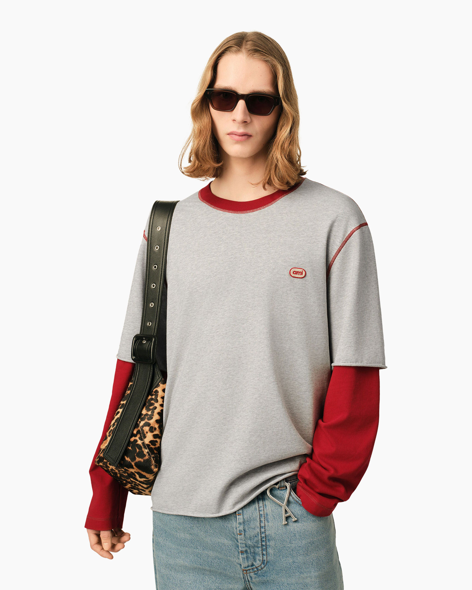 sweatshirt, long sleeve, gray, red accents, small logo
