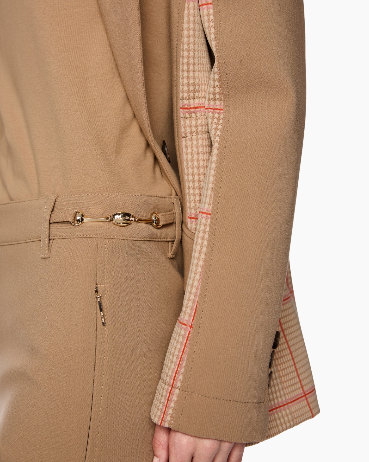 beige, trouser, jacket, plaid lining, metal buckle