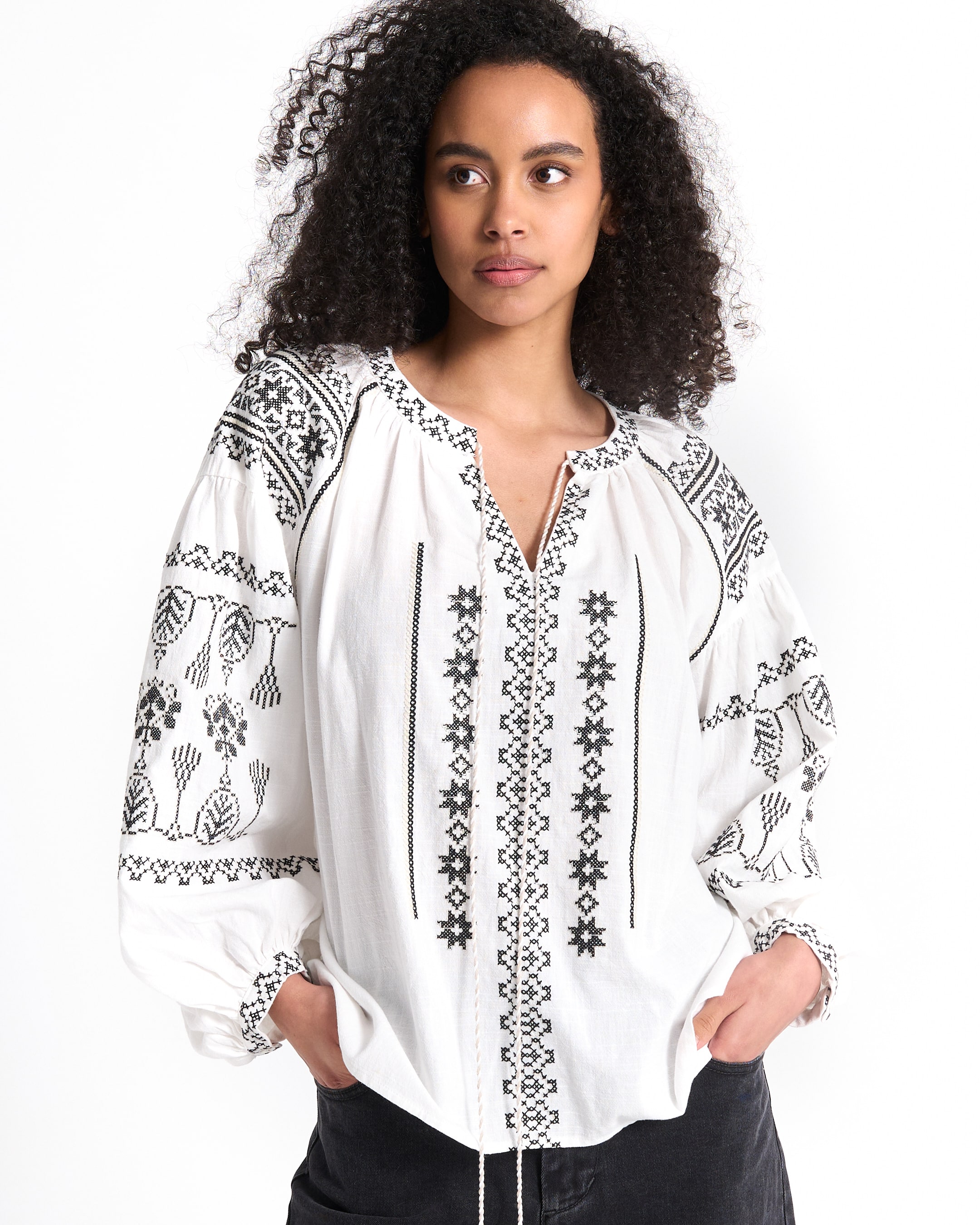 blouse, embroidered, white, peasant, long-sleeve