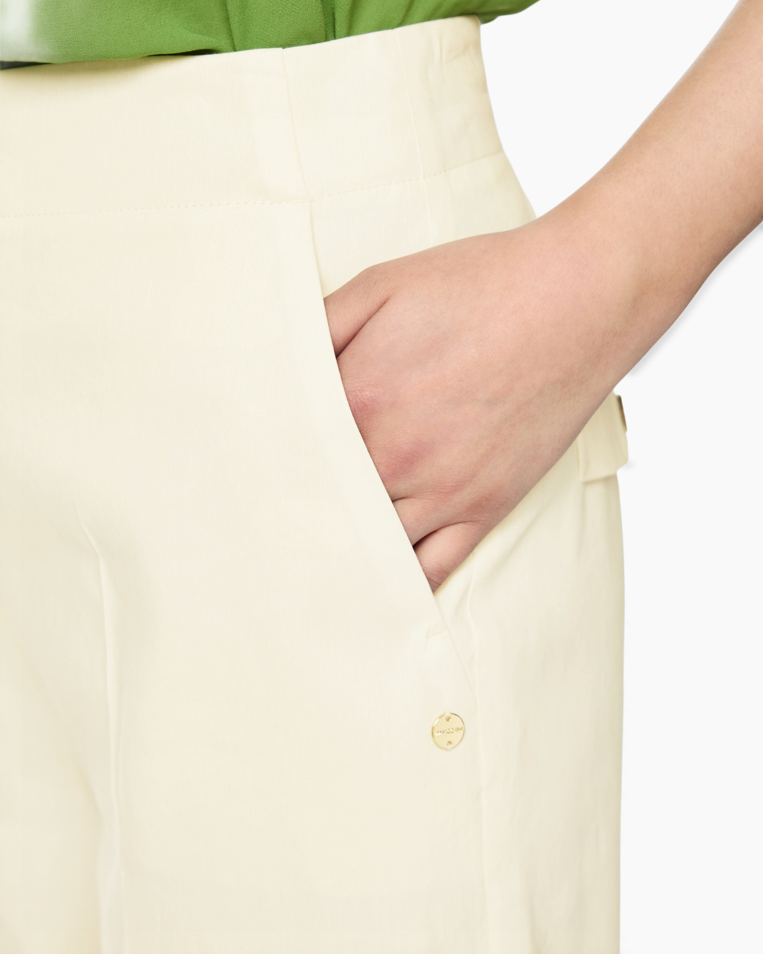 pocket, pants, cream, gold button, flat front