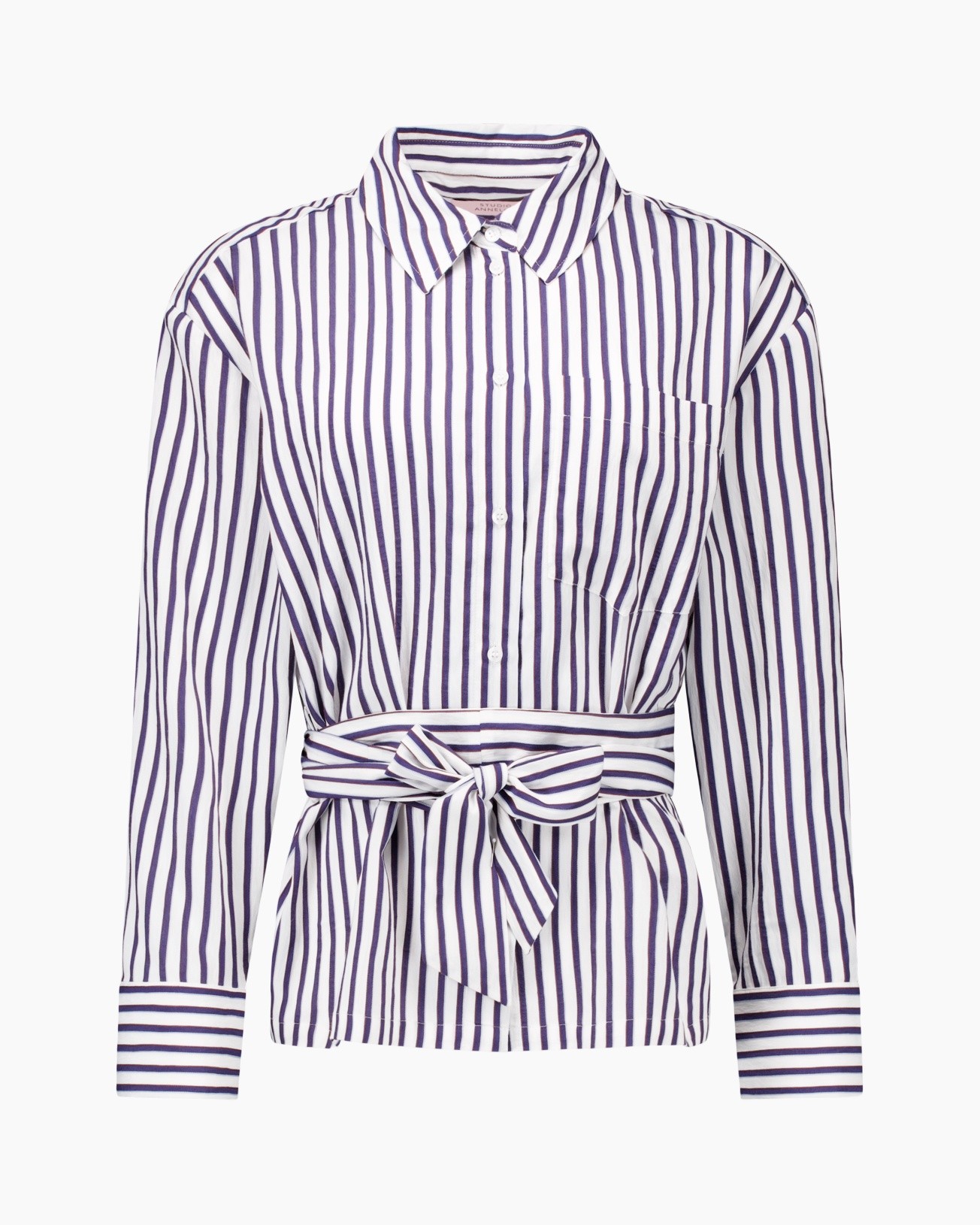 striped shirt, button-down, collared, waist tie, long sleeve