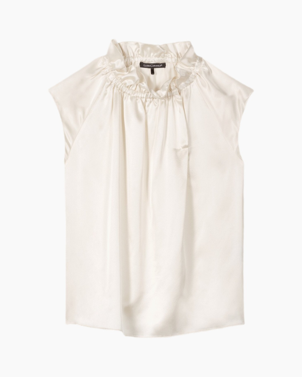 sleeveless top, high neck, ruching, crepe, cream color