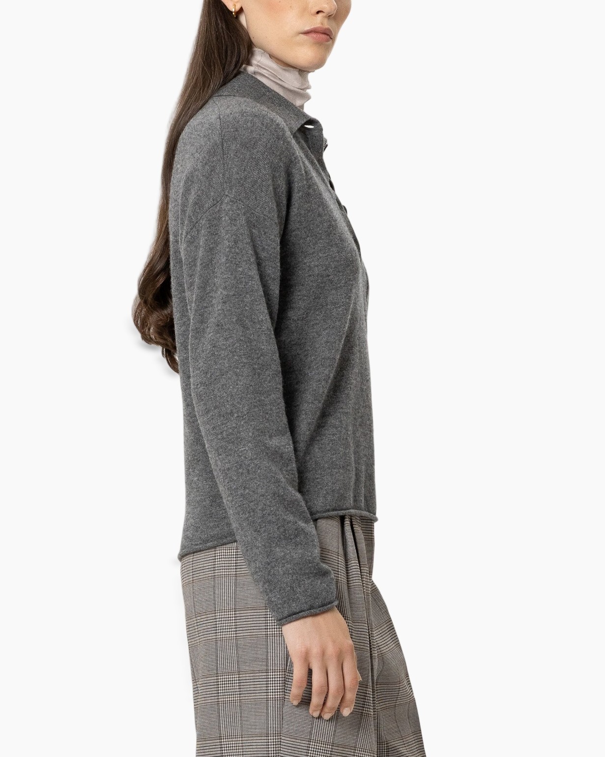 polo shirt, long sleeves, gray, knit polo, collared top