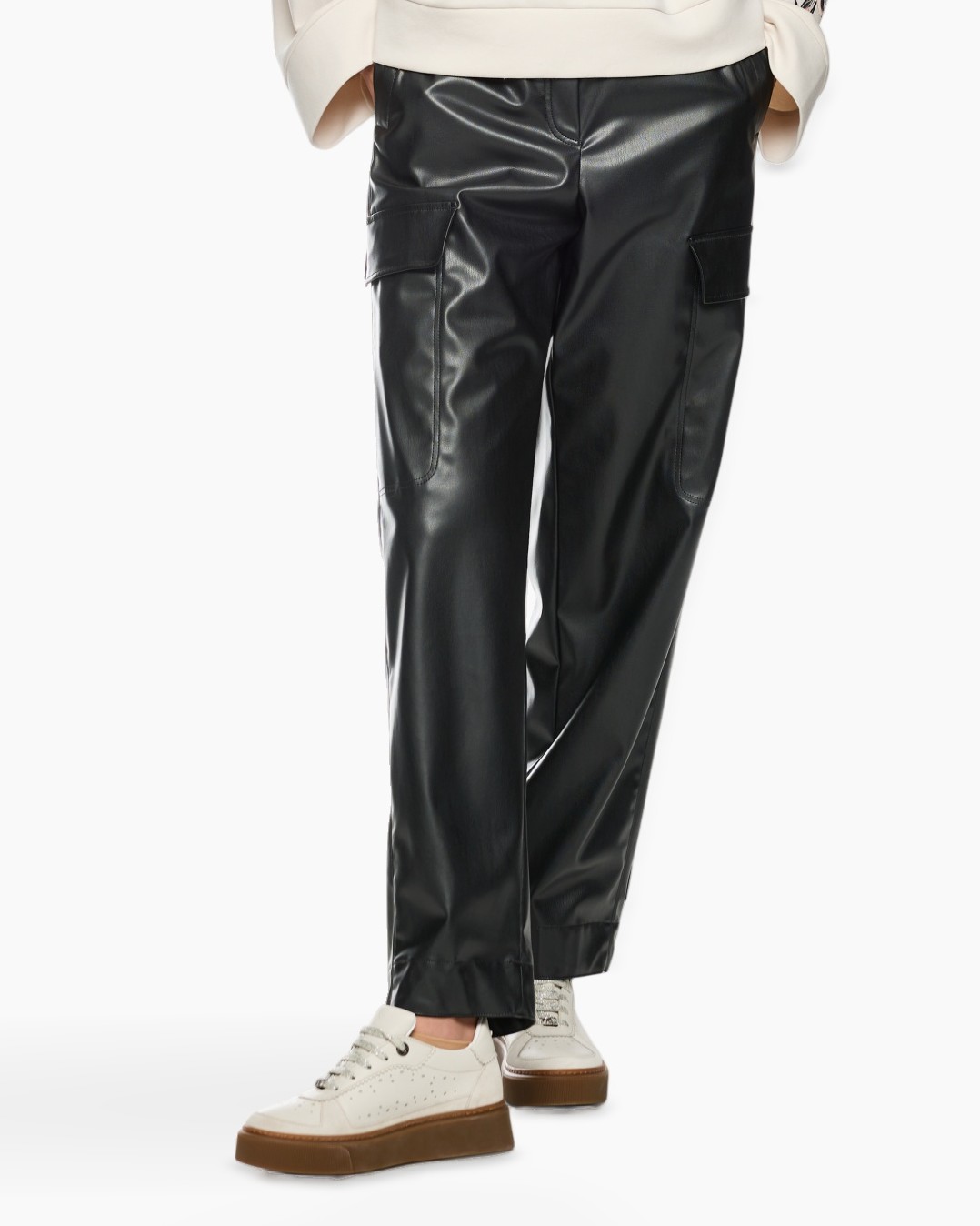 pants, cargo pockets, black, leather-look, straight leg