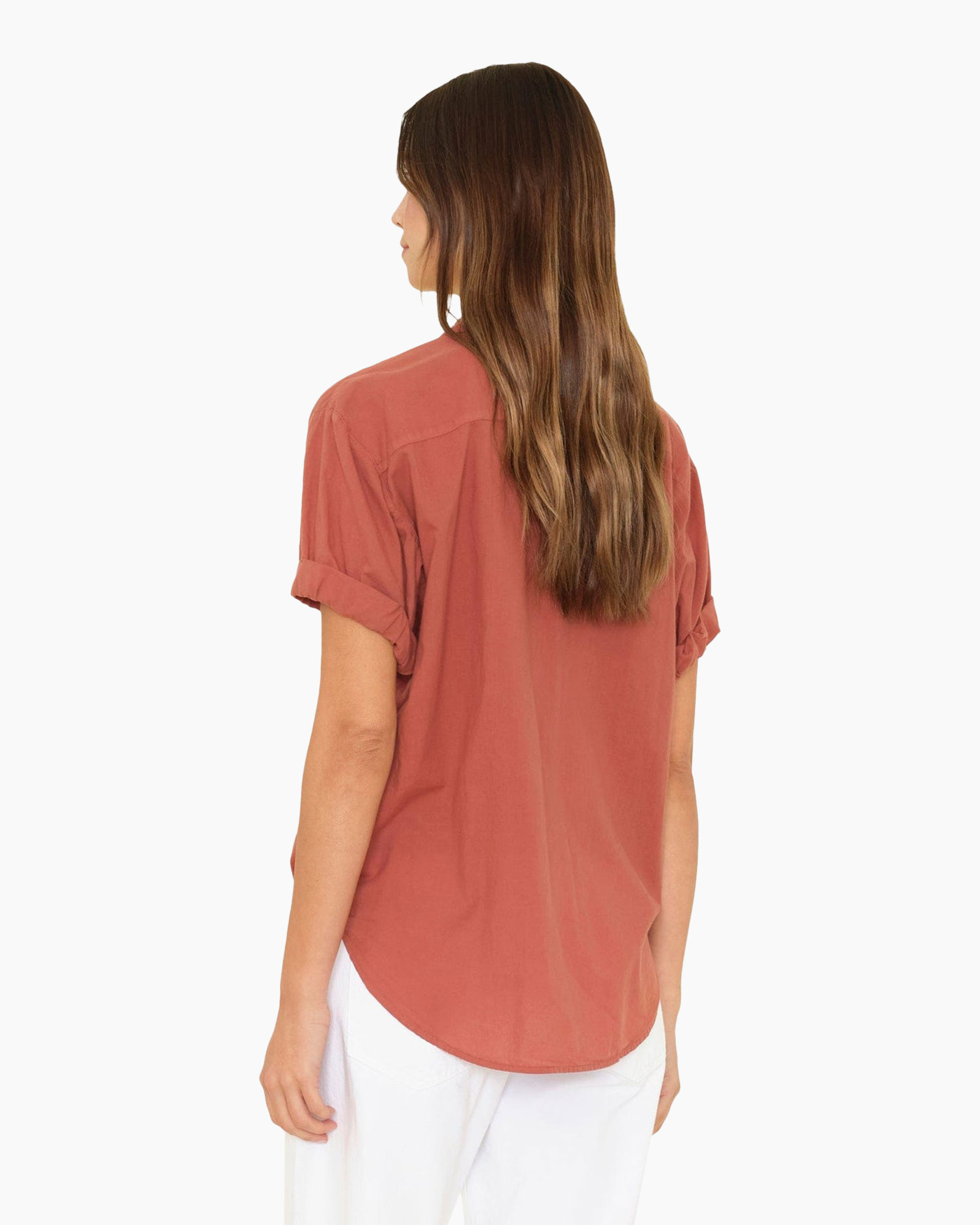 blouse, short sleeves, linen look, rust color, button front
