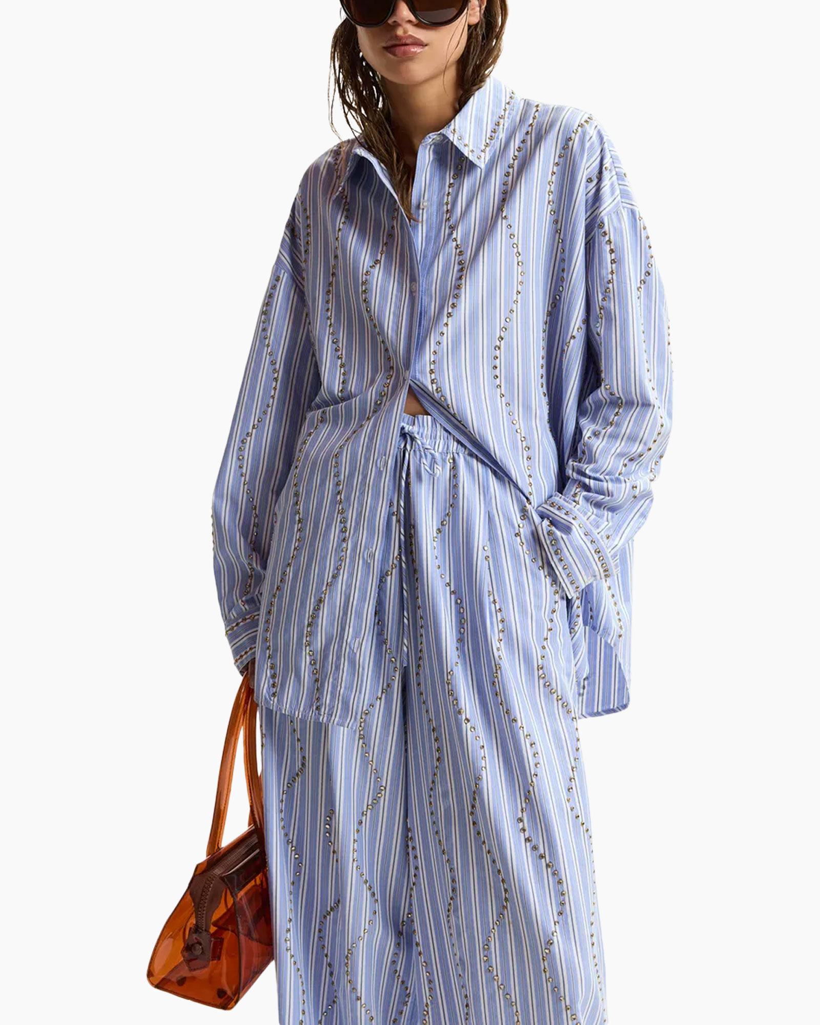 striped shirt, loose fit, collar, blue, pockets
