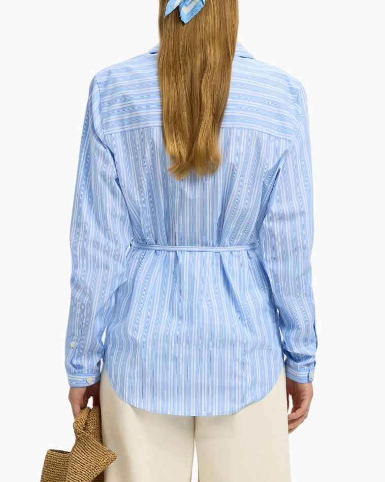 shirt, striped, blue, long-sleeve, belted