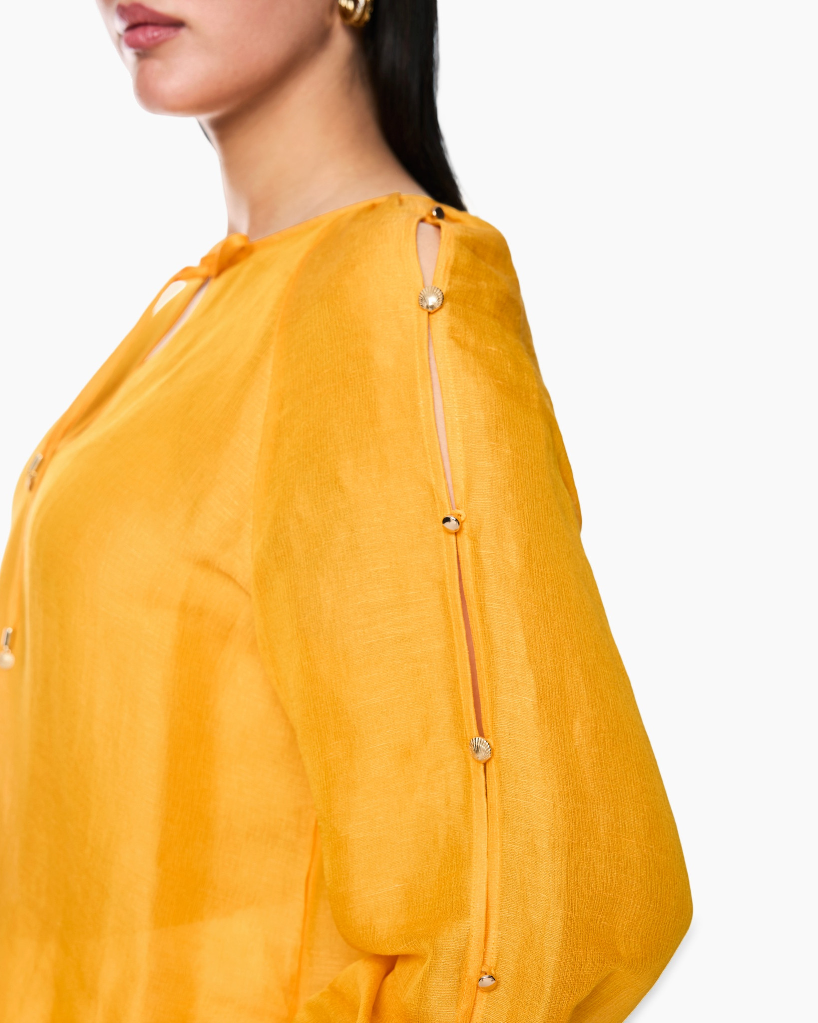 blouse, yellow, top, long sleeve, button detail