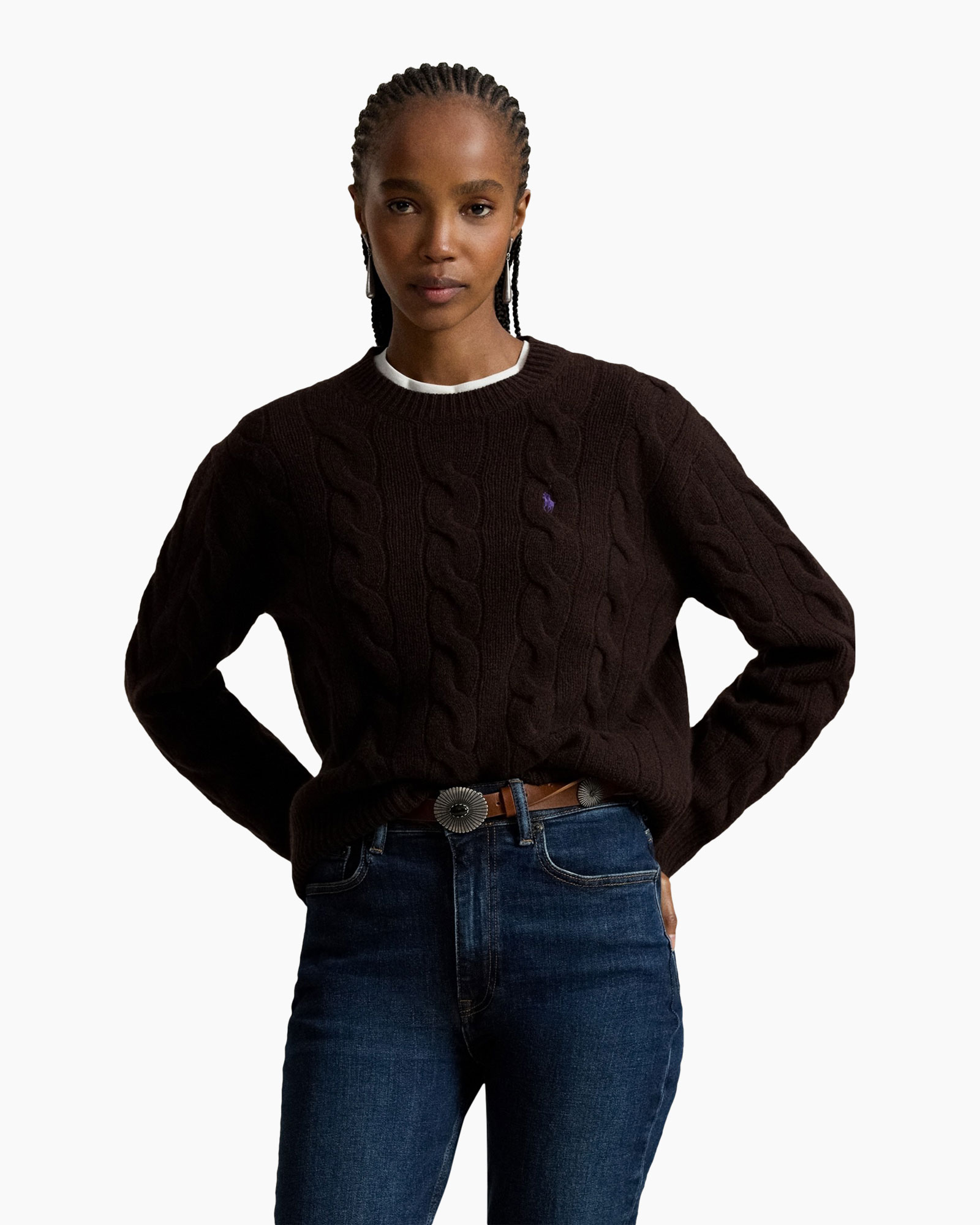 sweater, cable knit, dark brown, crew neck, long sleeve