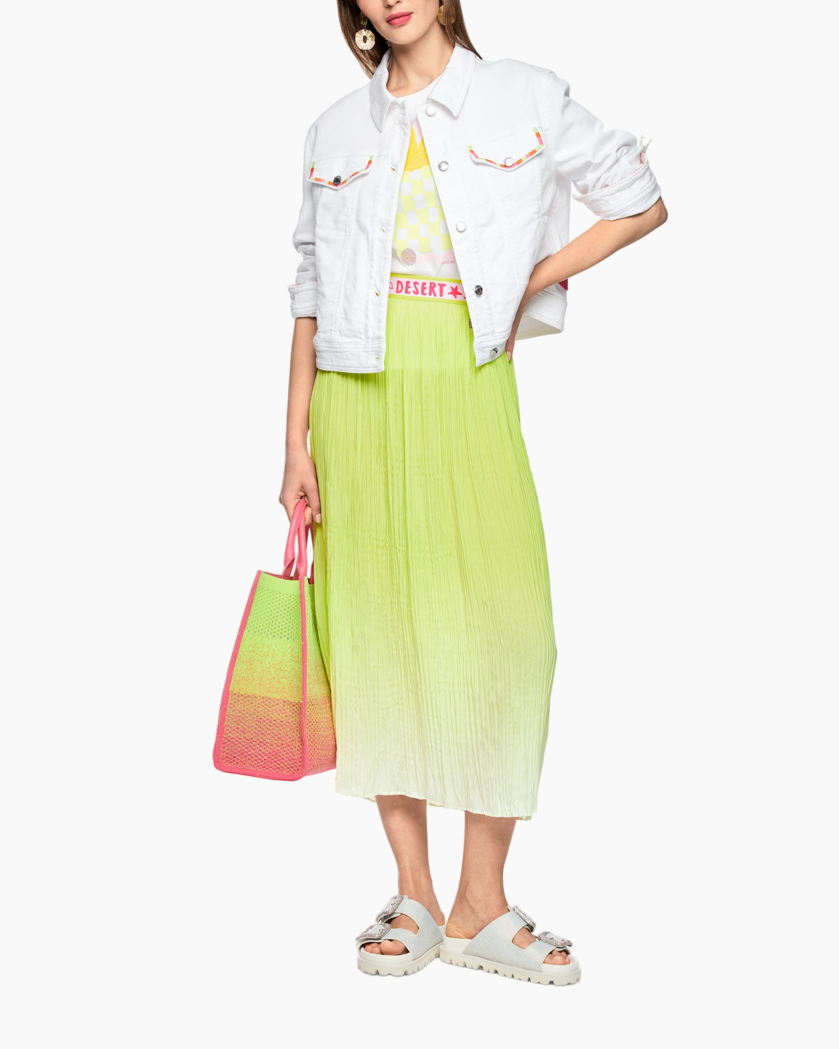 white denim jacket, neon green skirt, gradient bag, sandals, bold colors