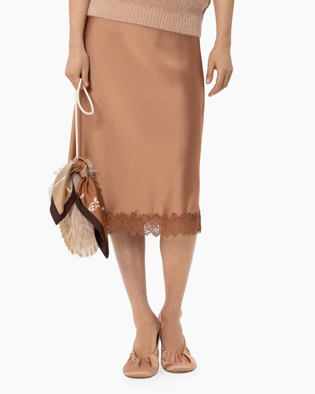 skirt, mid-length, lace hem, peep-toe flats, bag with scarf