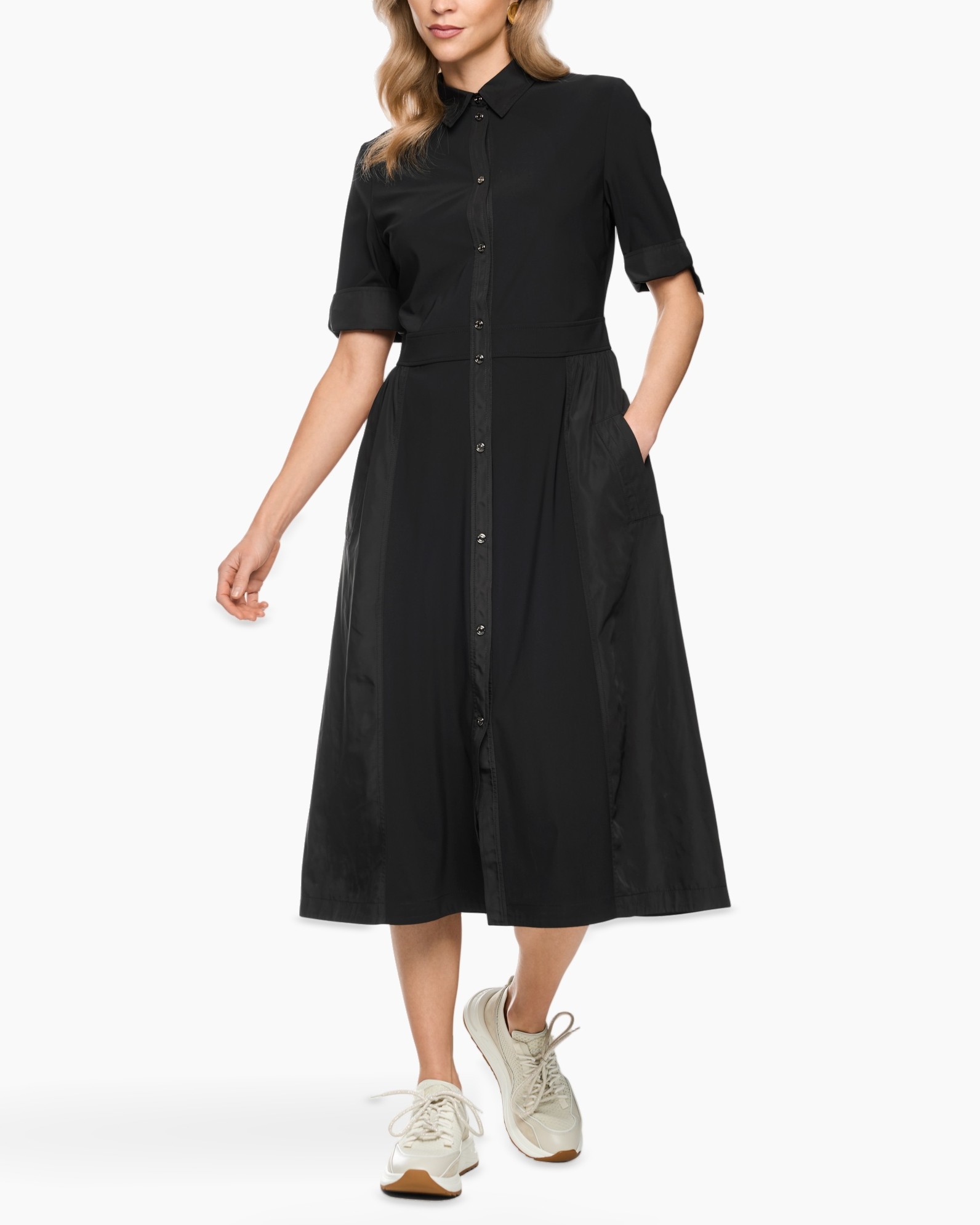 black dress, button-down, mid-length, short sleeves, pockets