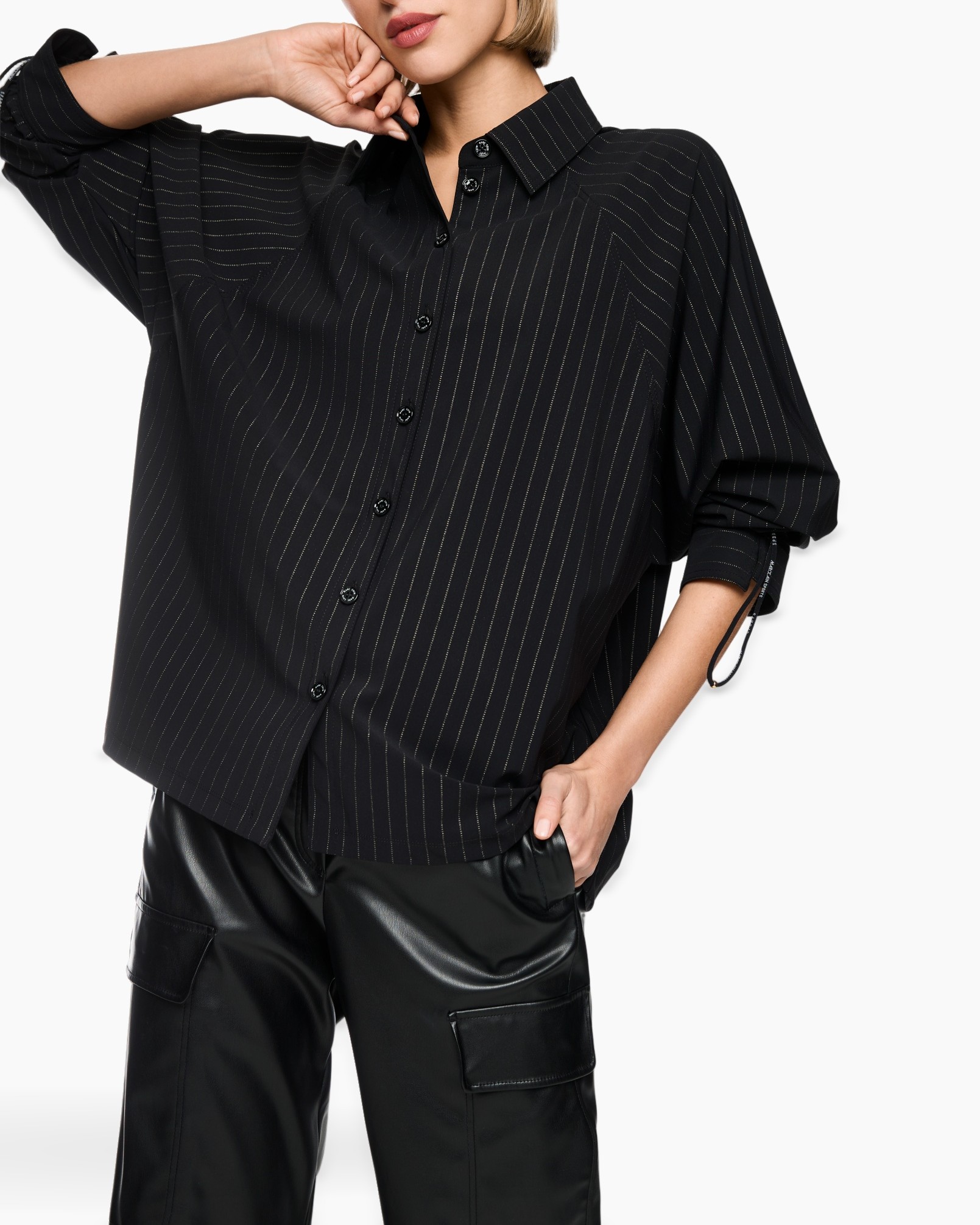 blouse, button-down, pinstripe, loose-fit, black