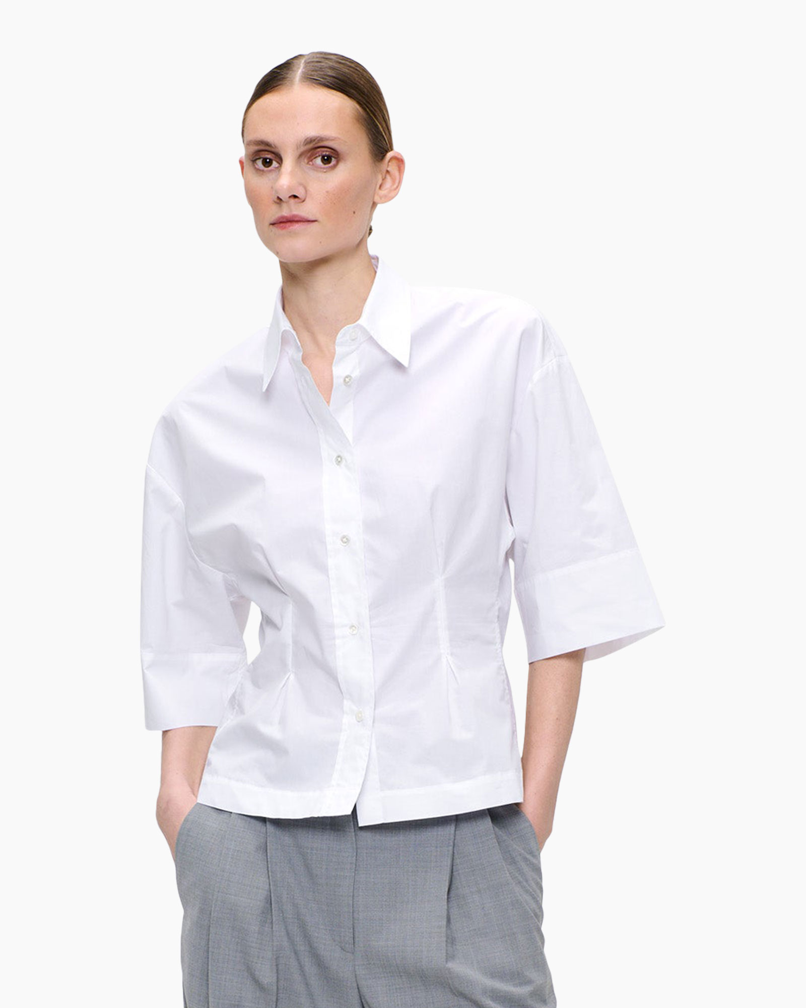 white shirt, button-down, collared shirt, short sleeve, women's blouse