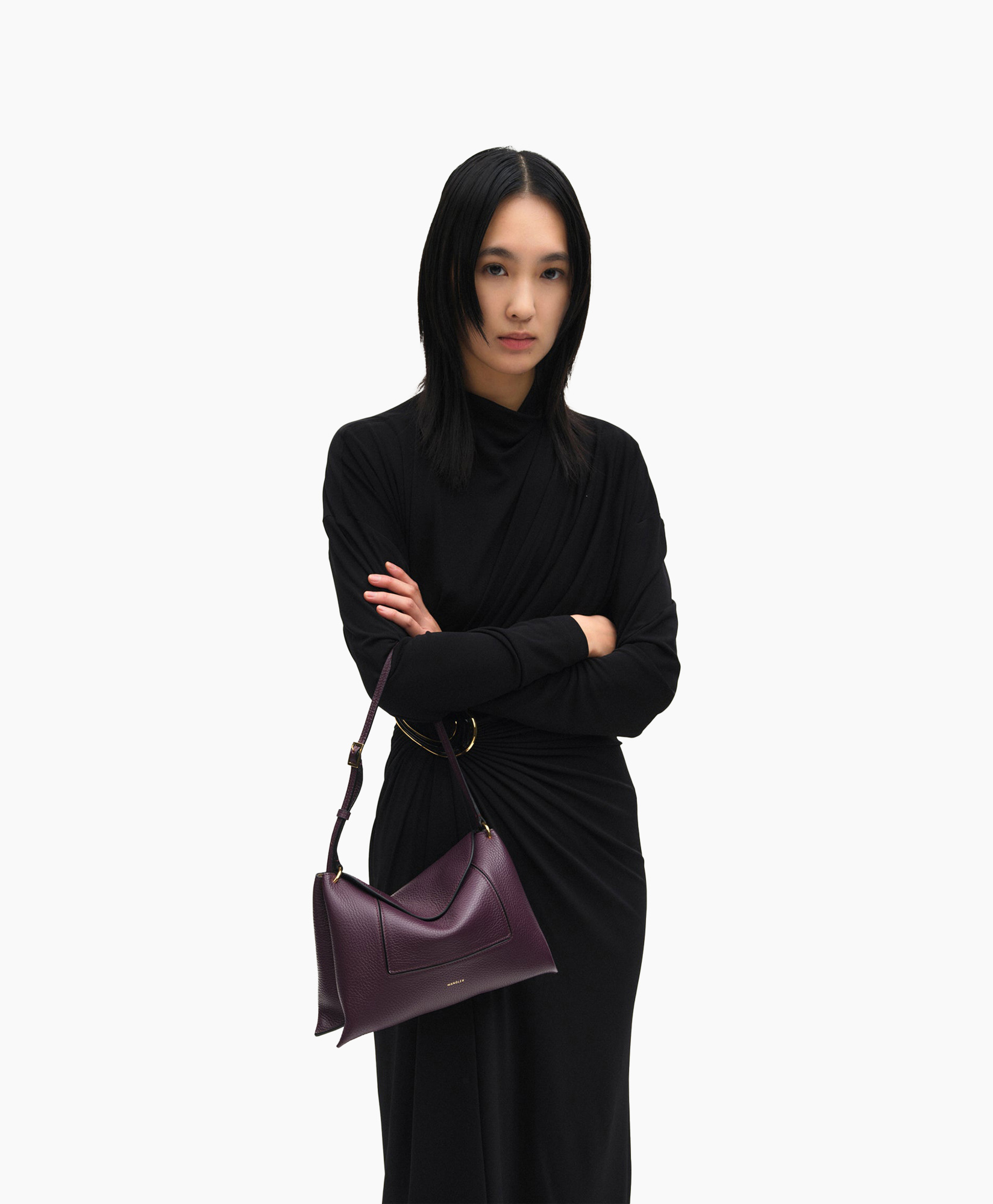 dress, black, long-sleeve, wrap, bag