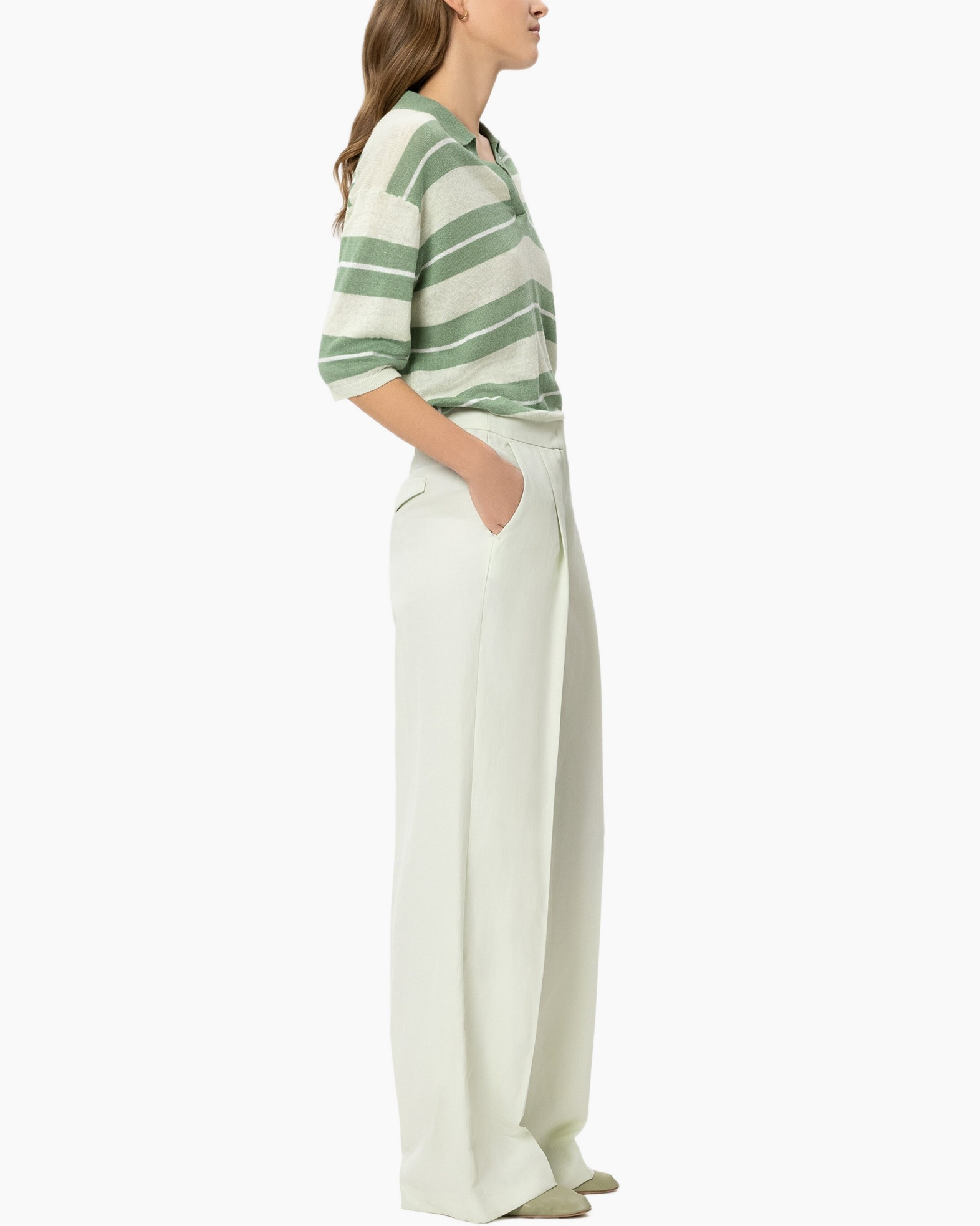striped polo, green stripes, pullover, wide-leg pants, light green, striped polo, linen blend, green stripes, wide-leg pants, polo shirt, light green