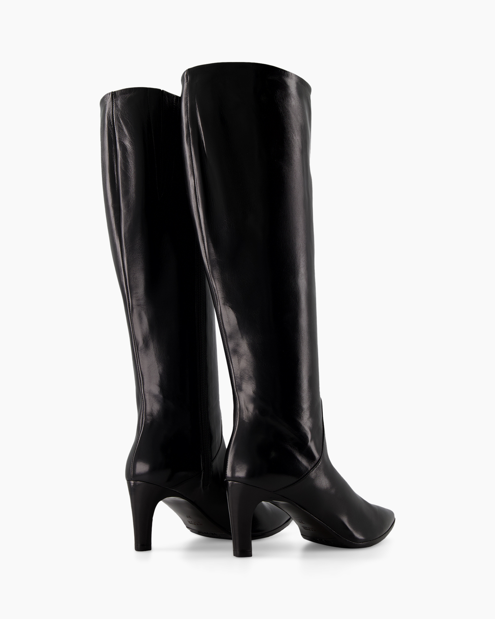 knee-high boots, black leather, heels, zipper, fashion footwear