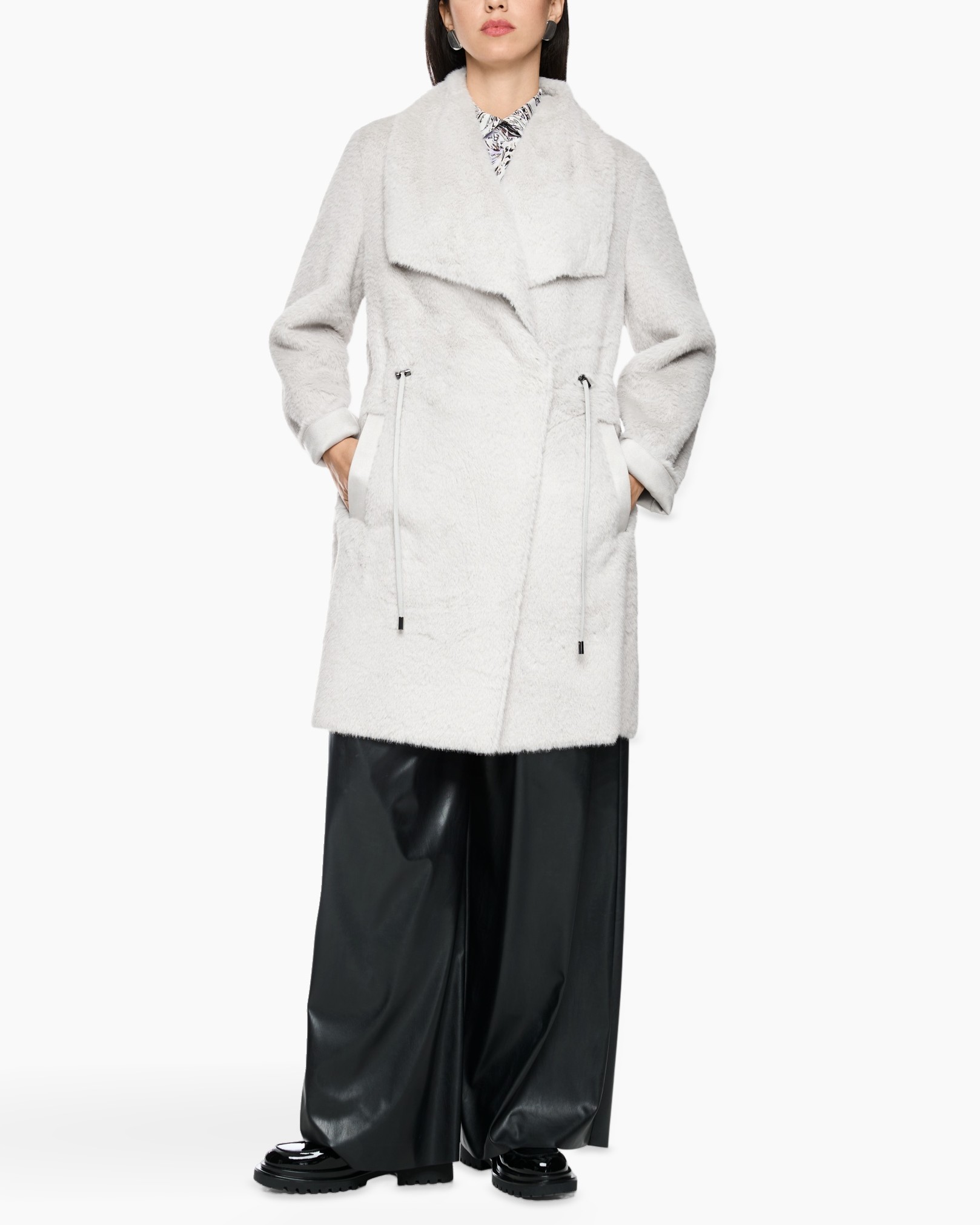coat, white, teddy, length, zip pockets