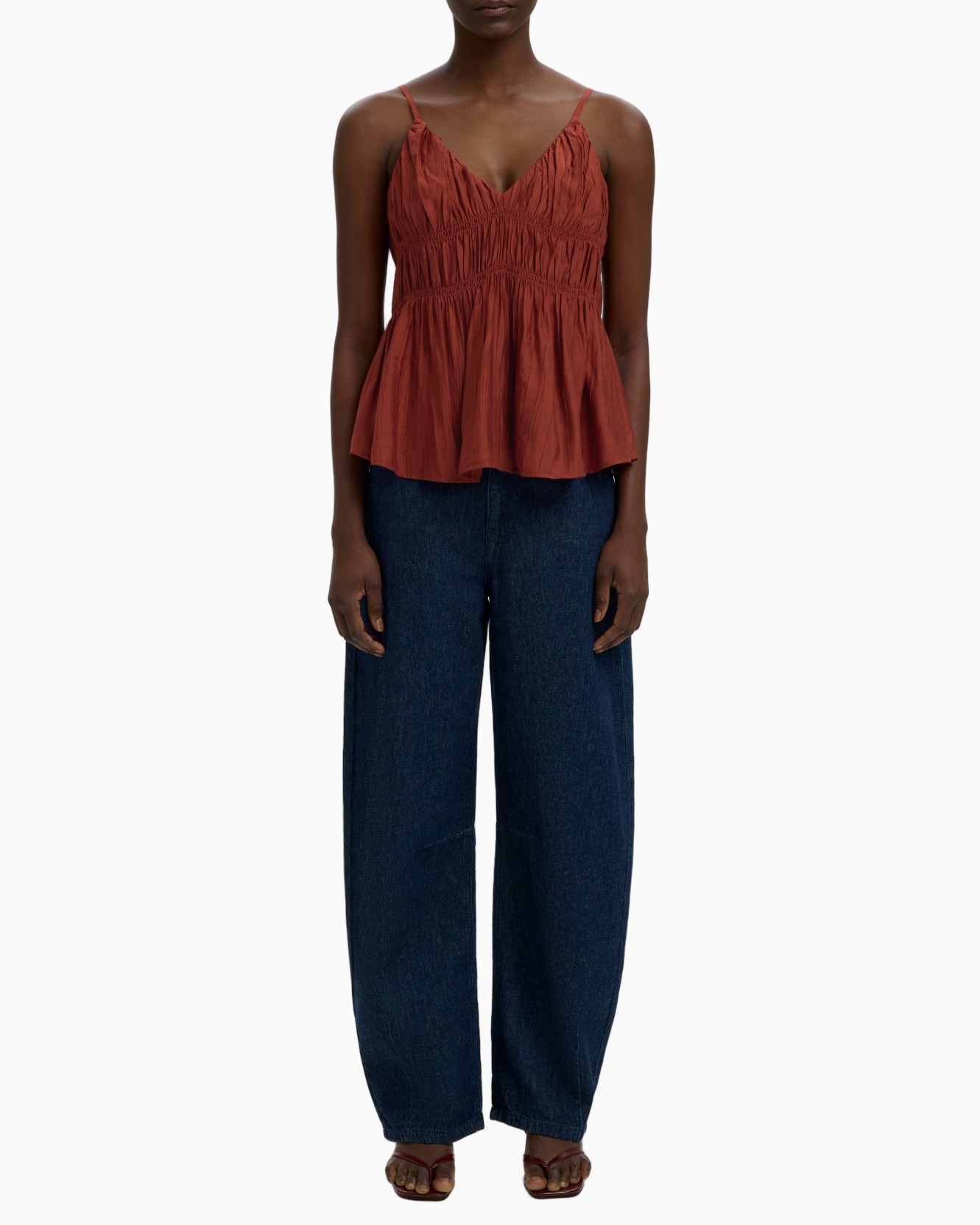 peplum top, sleeveless, rust color, vsp, denim pants