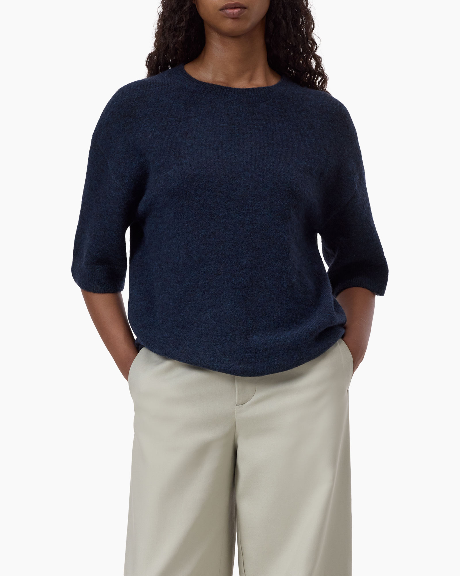 sweater, navy, half-sleeve, knit, pullover