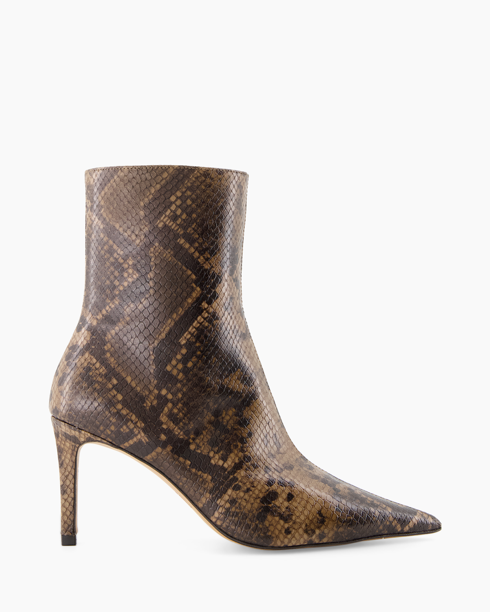 ankle boot, mid heel, snakeskin, brown, leather