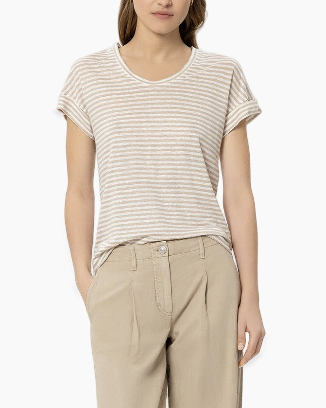 t-shirt, striped, beige, crew-neck, short-sleeve