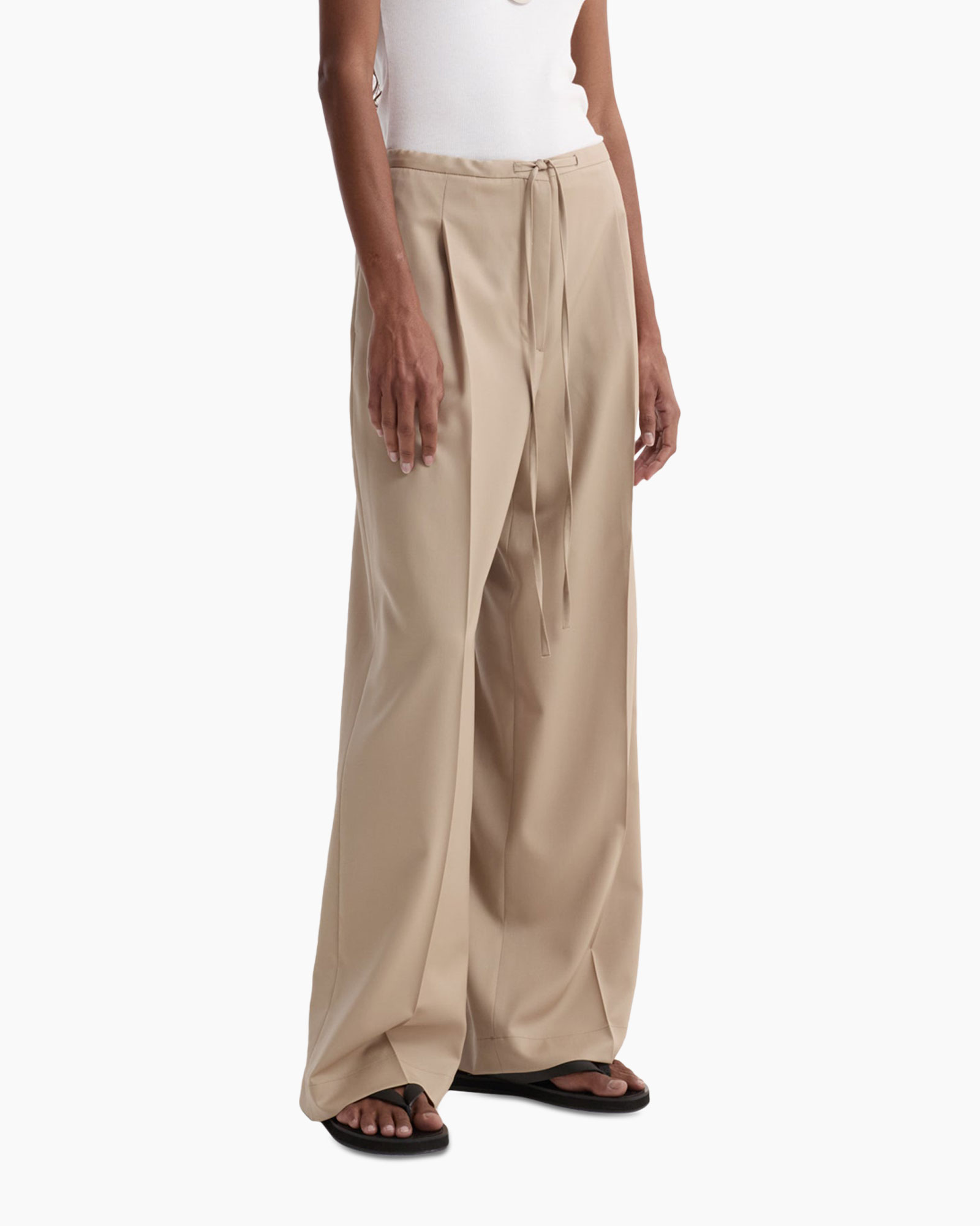 beige pants, wide-leg, drawstring, casual pants, ankle-length