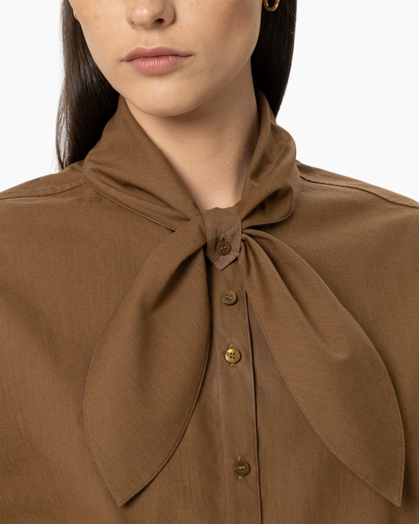 blouse, bow-tinish, tie-neck, button-down, brown