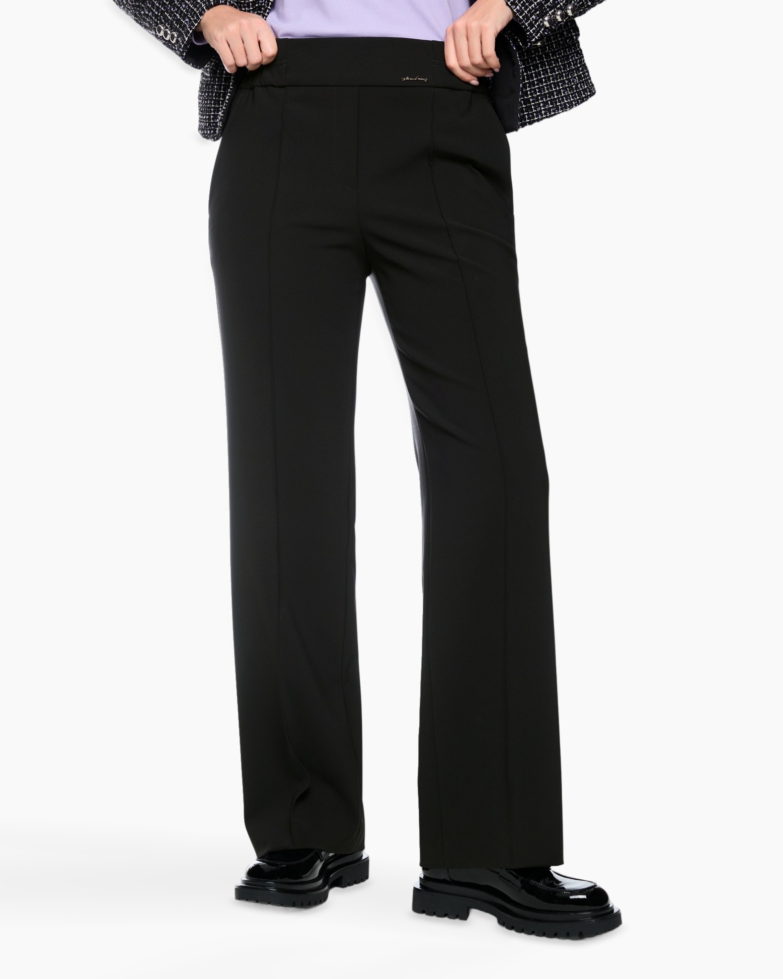 trousers, black, wide-leg, dress pants, pull-on waistband