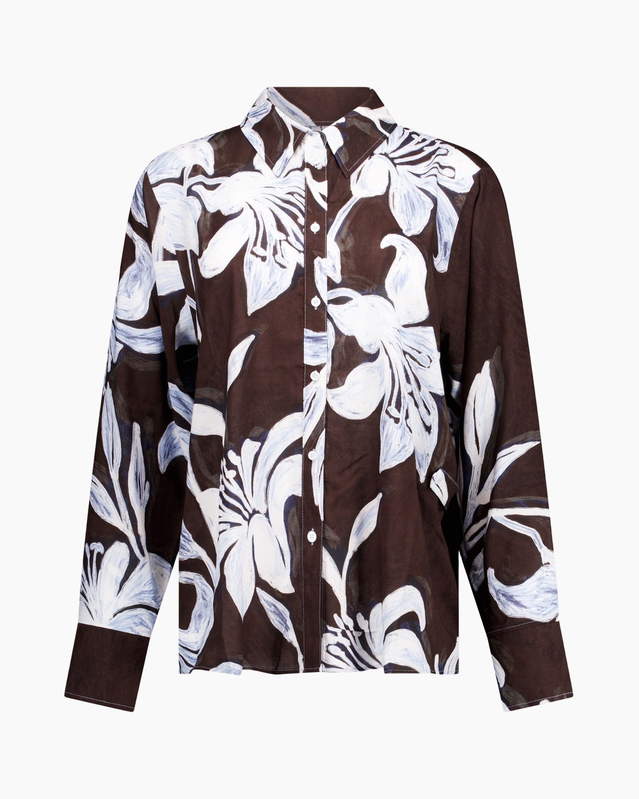 shirt, button-down, floral, brown, long-sleeve