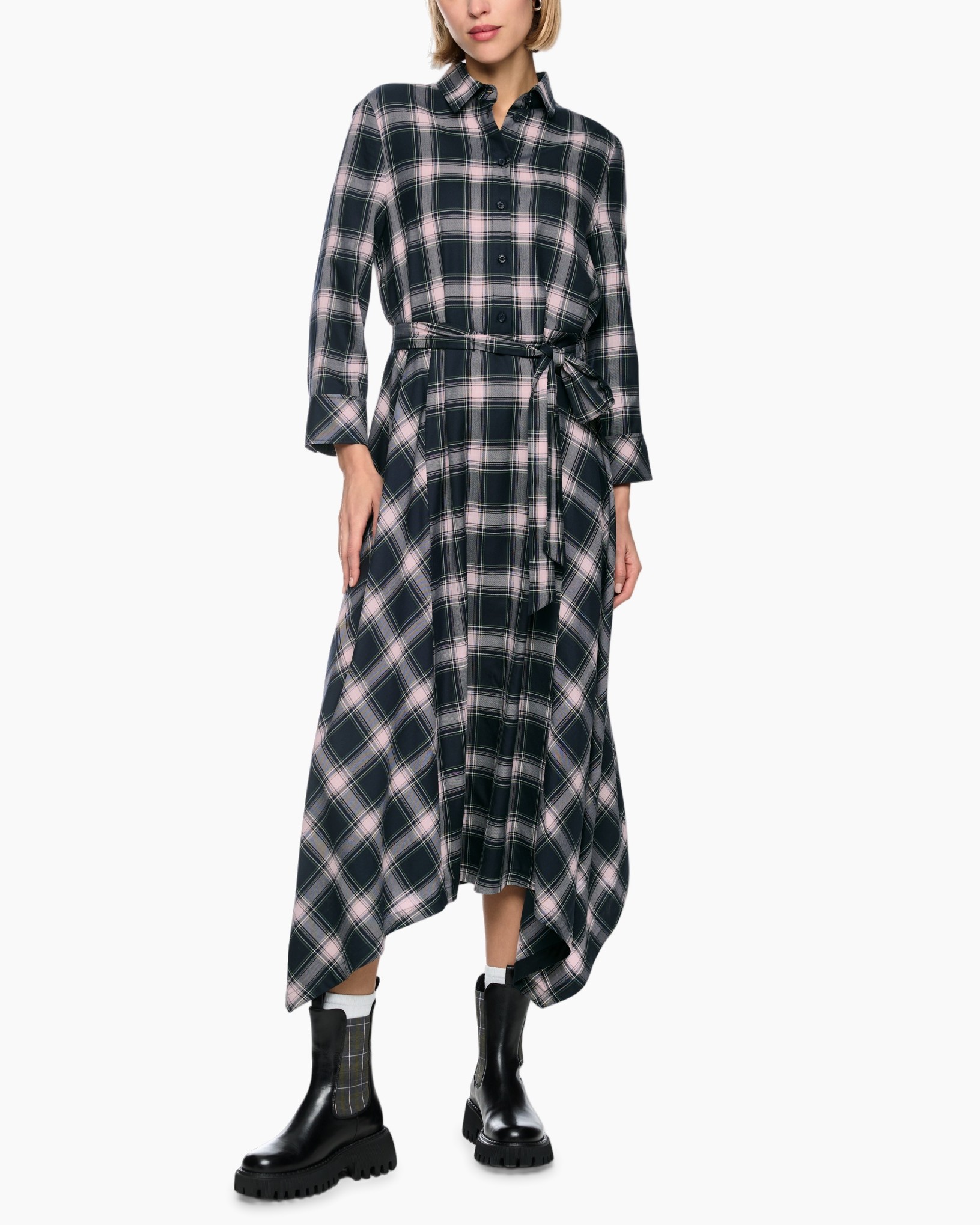 plaid, shirt dress, wrap belt, mid calf, boots
