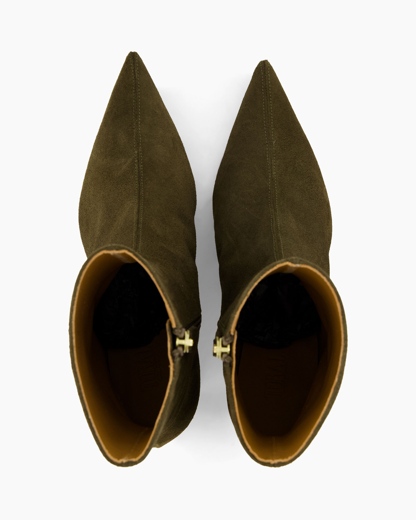 ankle boots, suede, olive green, pointed toe, zip closure