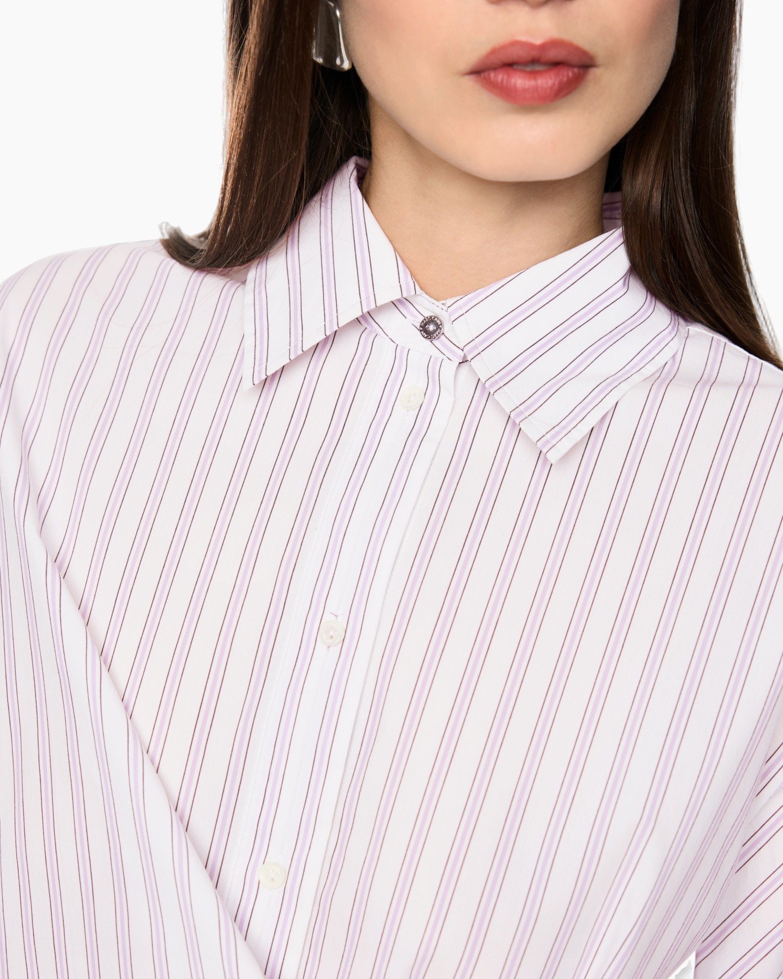 striped shirt, collar, button-down, pink purple stripes, blouse detail