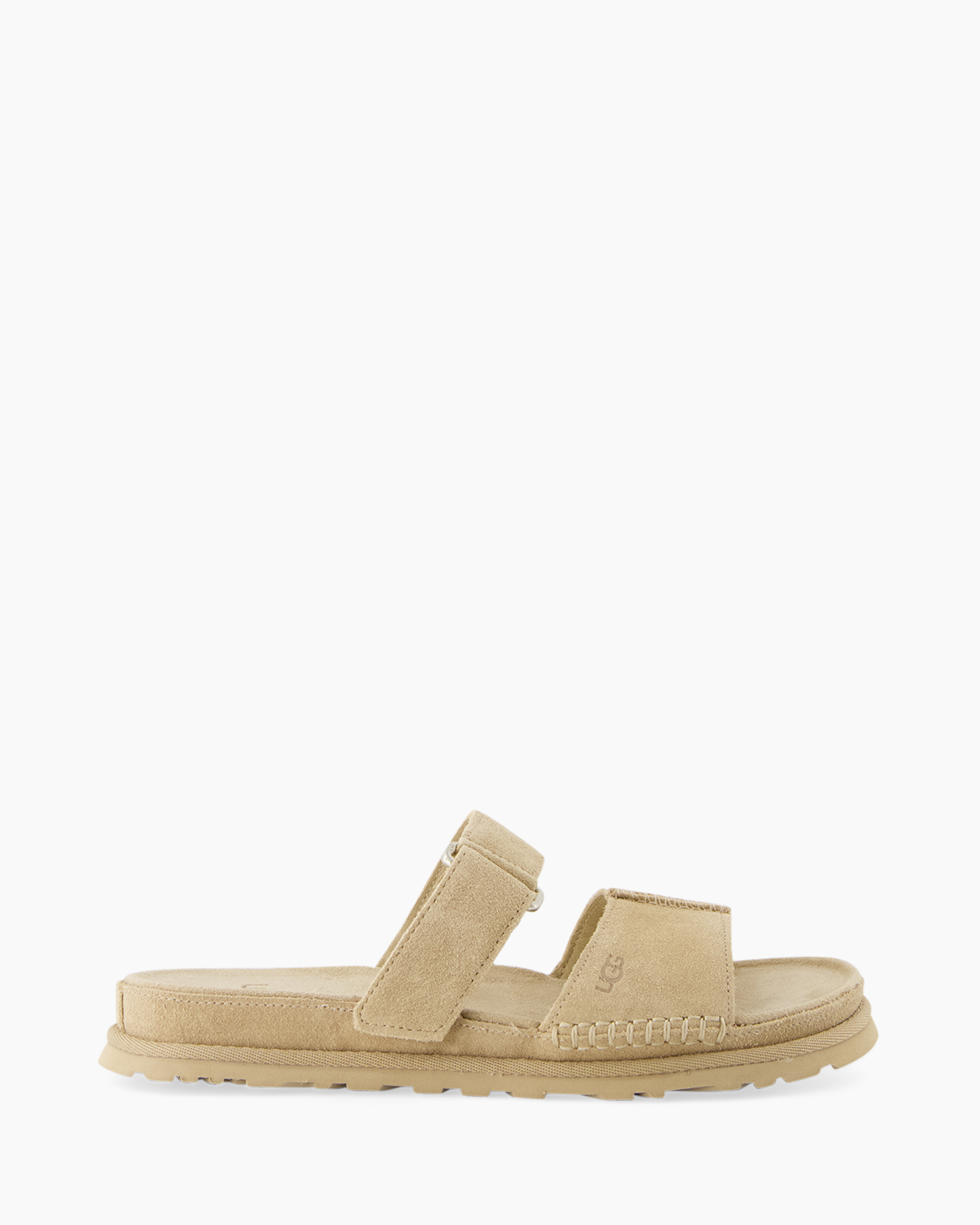 sandals, two-strap, beige, suede, flat-sole