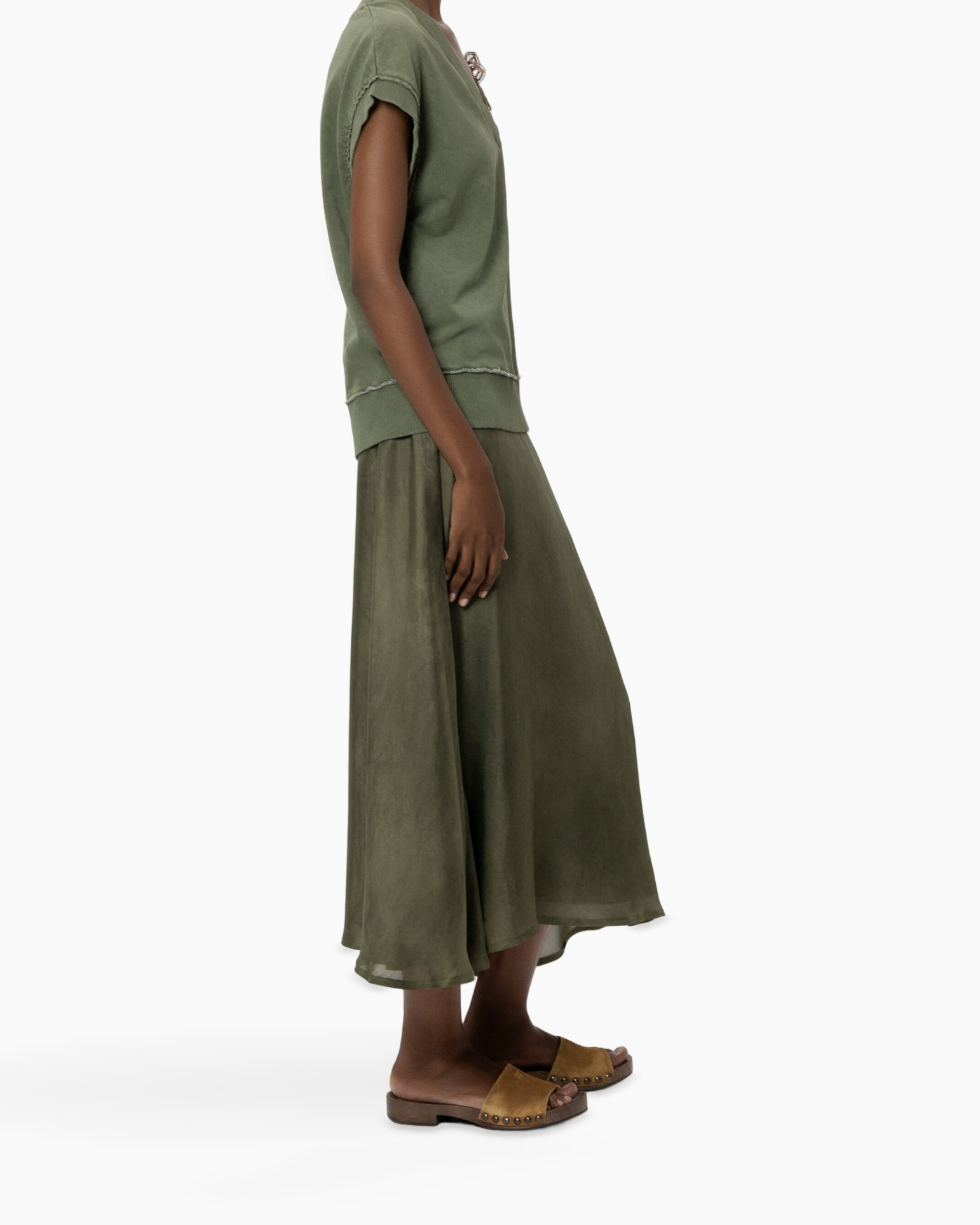 dress, maxi, skirt,  Olive green, two-tone, linen look, linen, short sleeve, tunic length