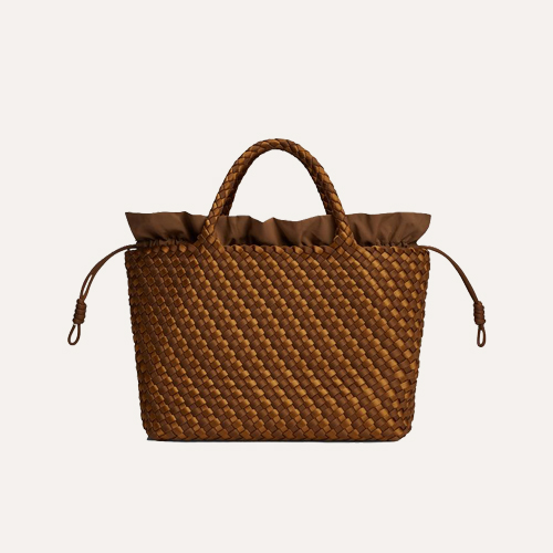 woven bag, basket bag, drawstring, brown, handles