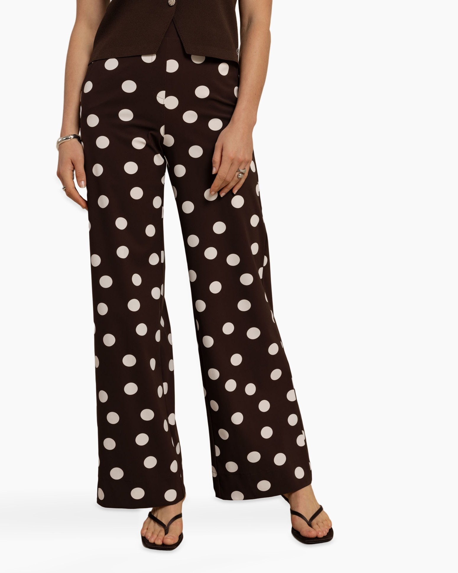 polka dot pants, wide leg, brown, pants, poly blend