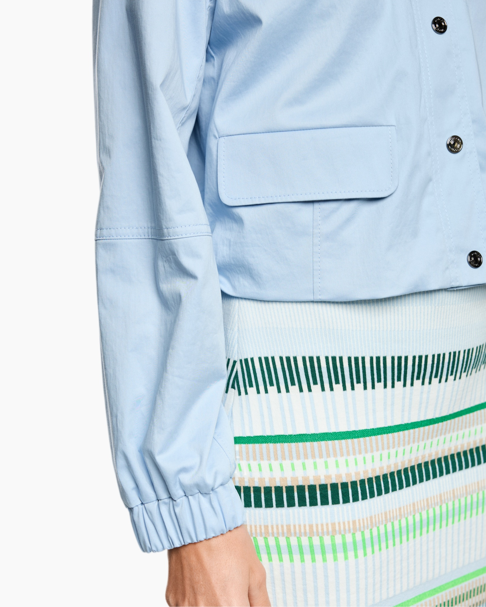 light_blue_jacket, buttoned_jacket, pocket_flap, elastic_cuff, knit_skirt_with_pattern