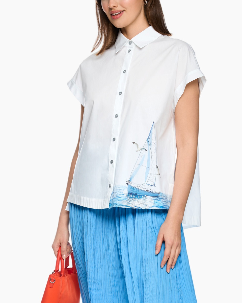 white shirt, sailboat print, short sleeves, button front, blue skirt