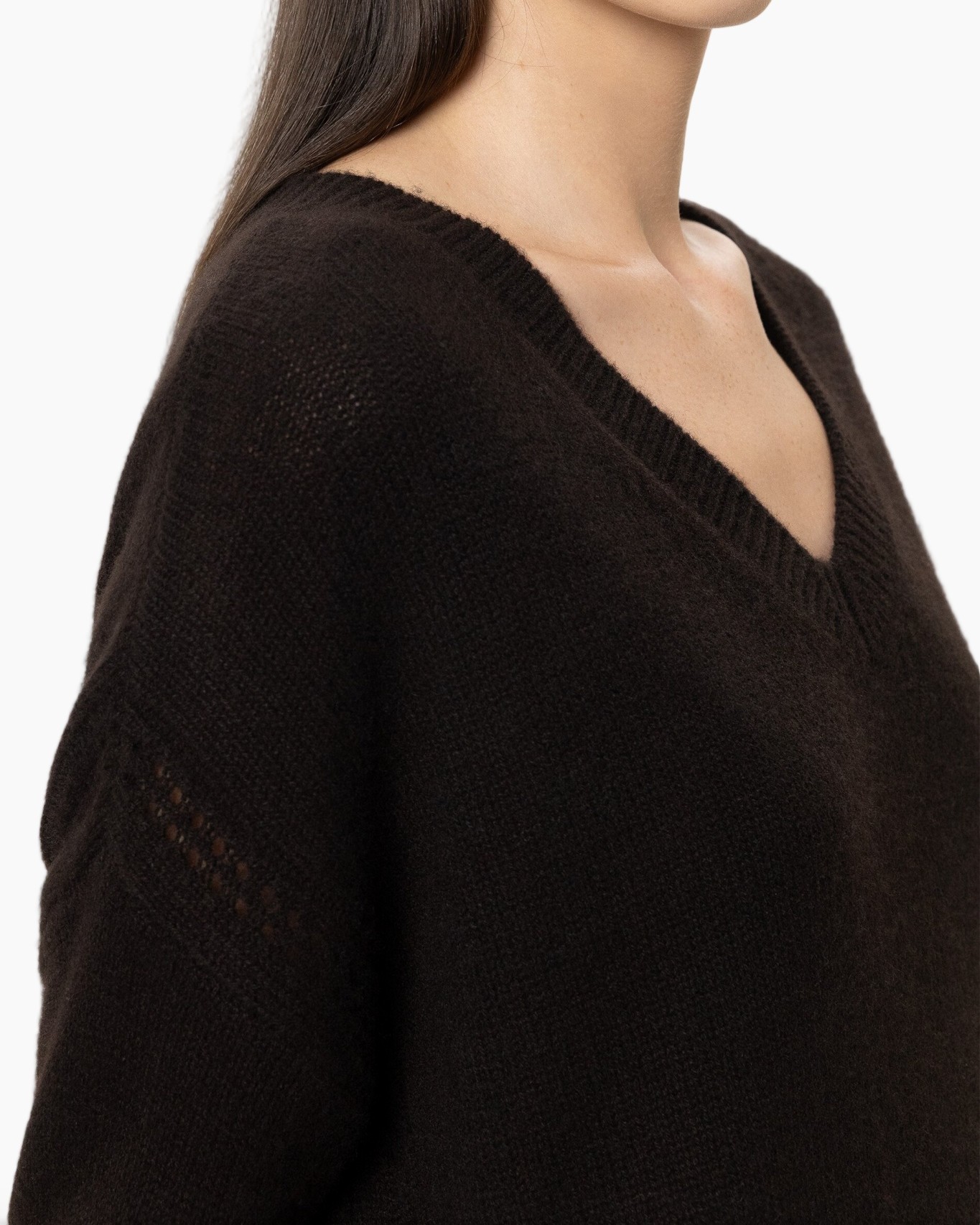 black sweater, v-neck, knit, long sleeve, material mix