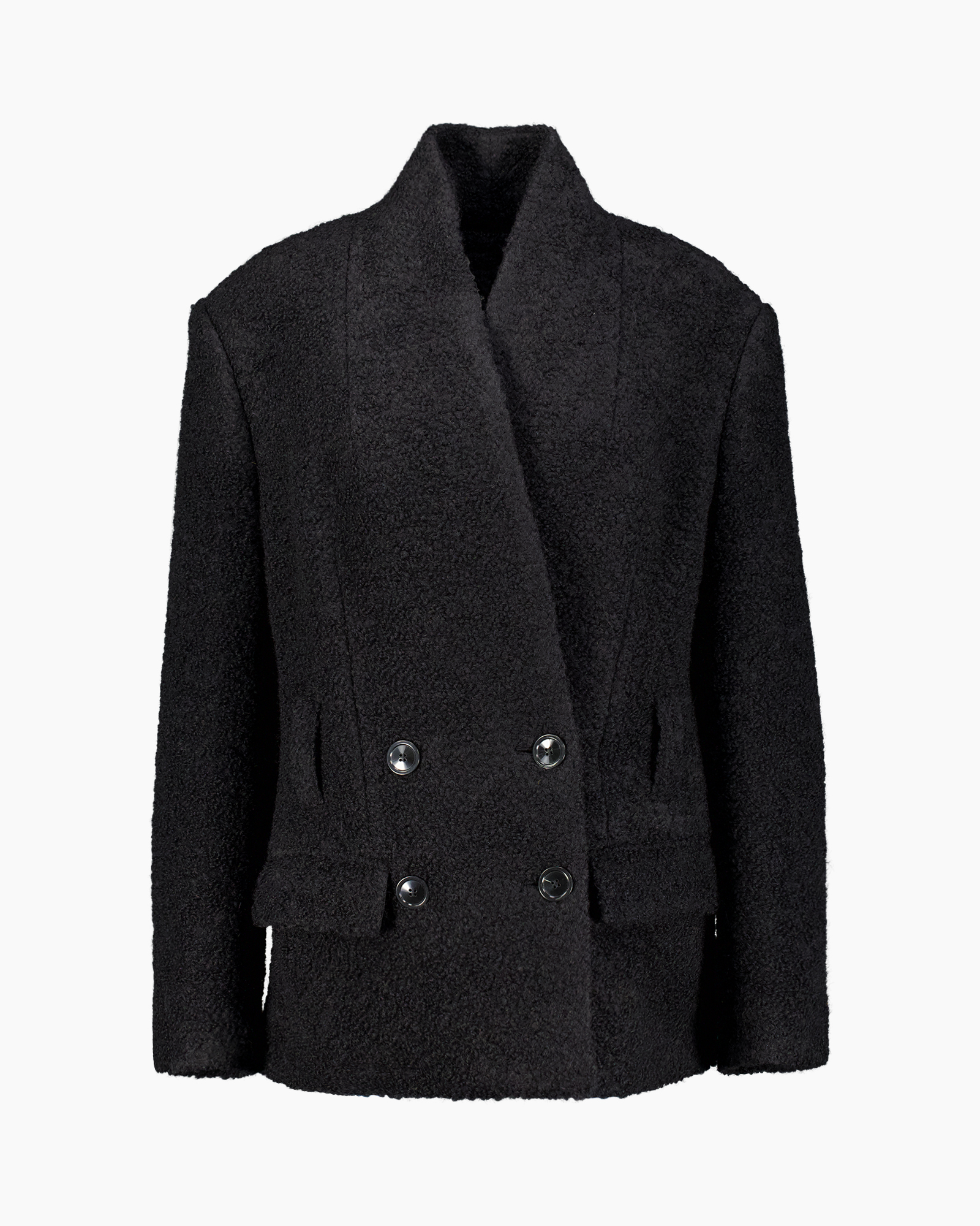 blazer, double-breasted, black, bouclé, wide-lapel