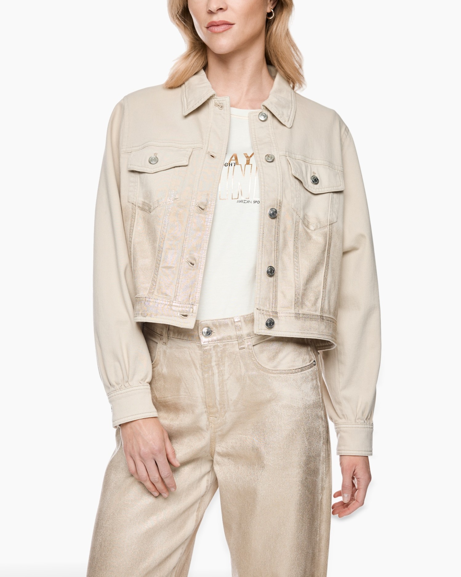 beige denim jacket, crop jacket, jean jacket, long sleeve, button front