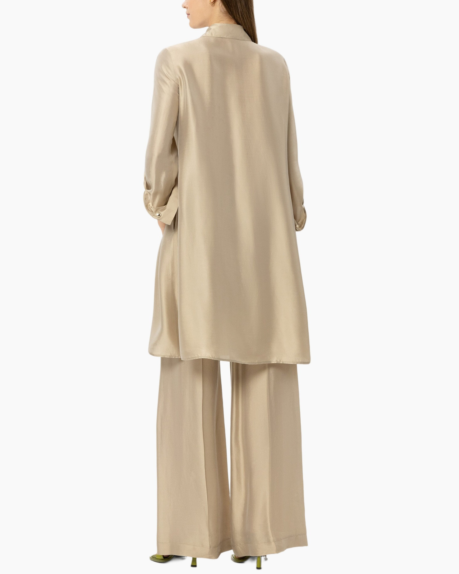 beige, long tunic, wide-leg pants, silky fabric, back view