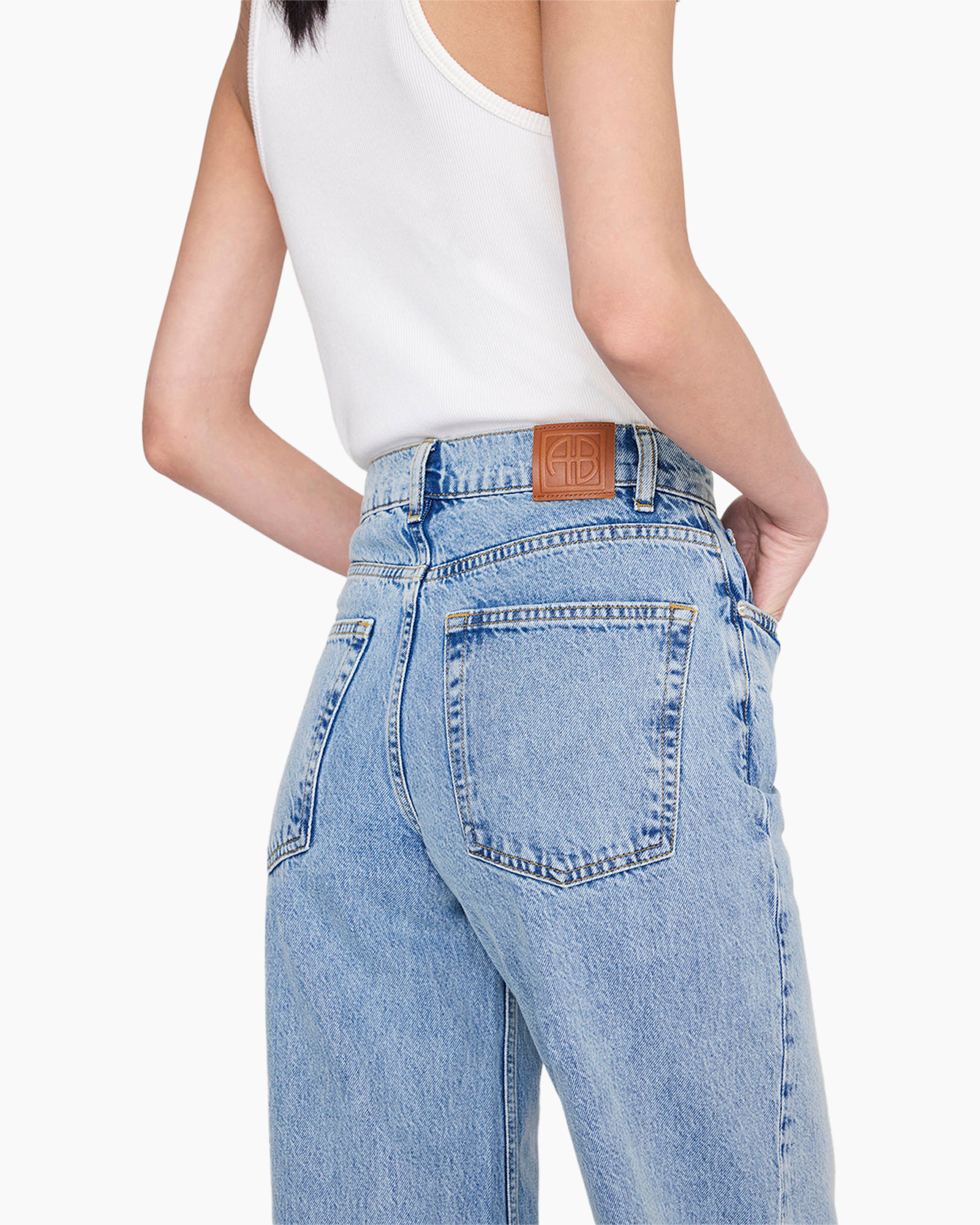 jeans, back view, high-waist, blue, leather tag