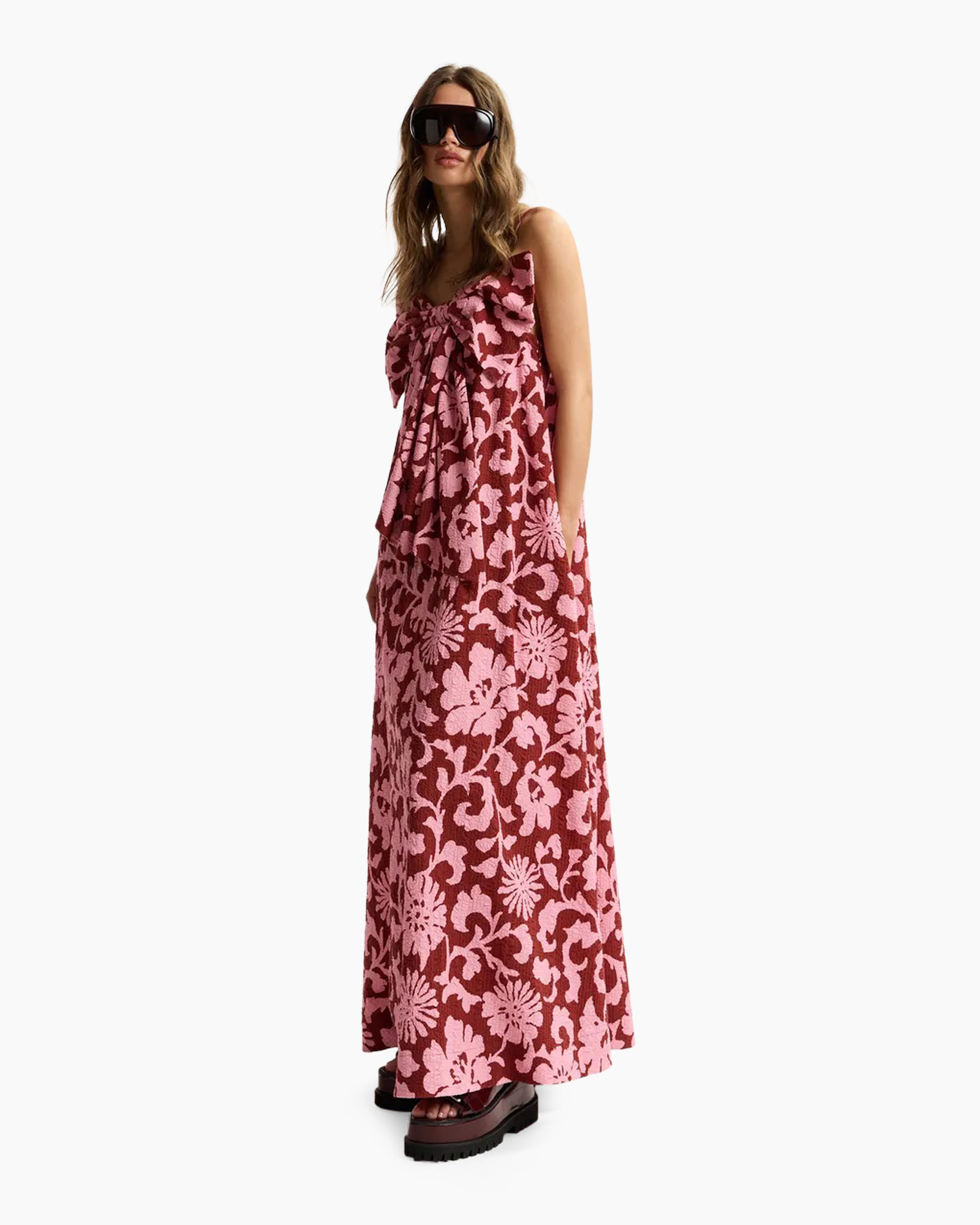 maxi dress, floral pattern, sundress, pink maroon, strapless bow